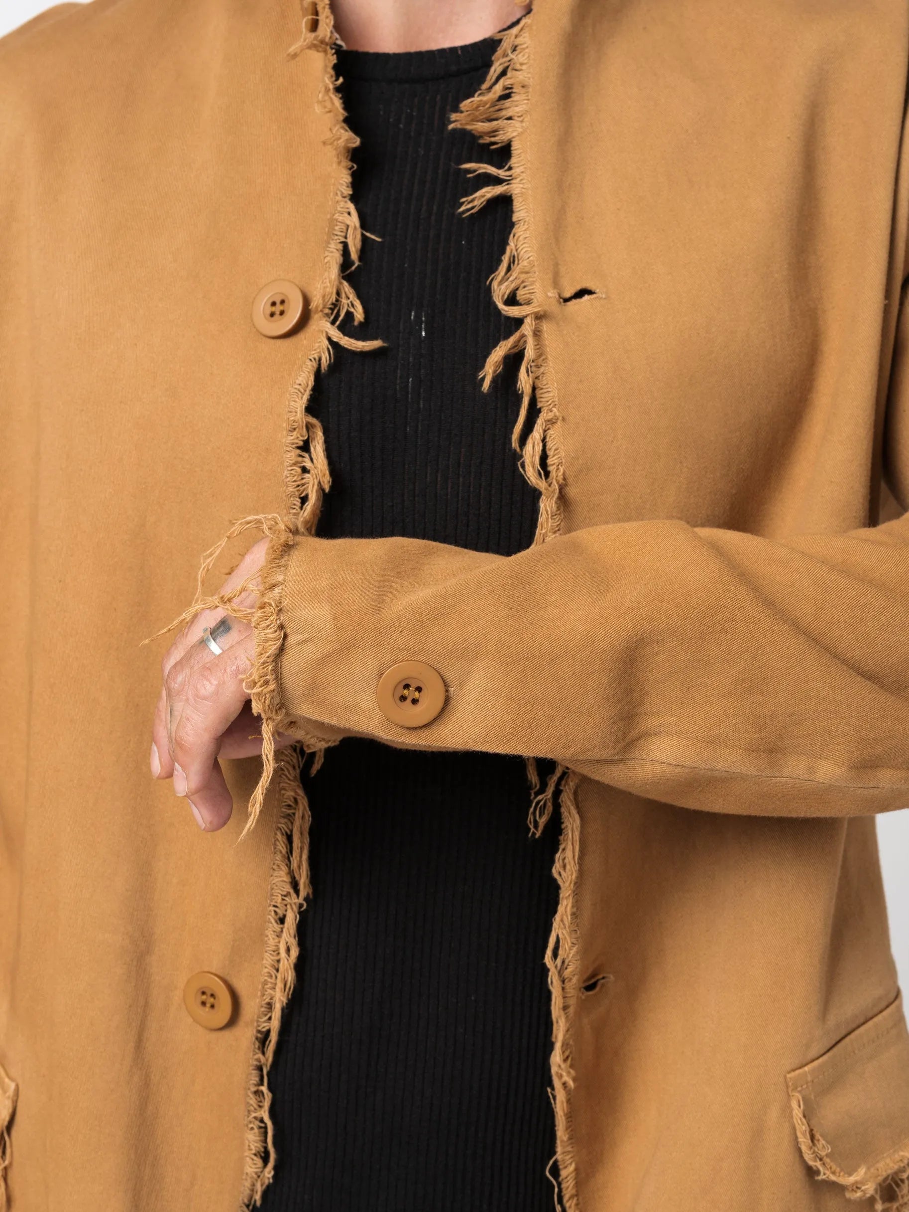 Long Frayed Edge Button-Up Jacket