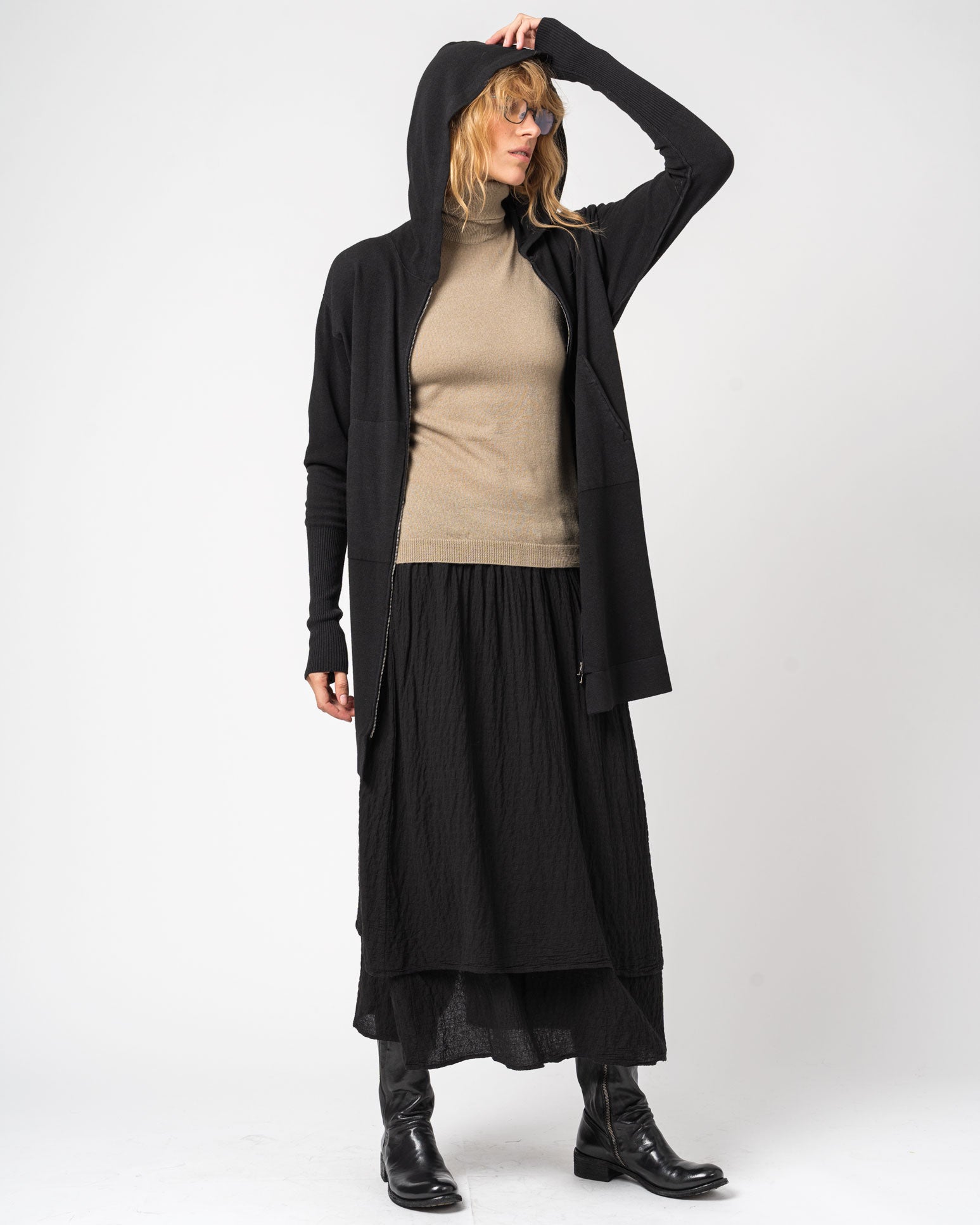 Viscose and Wool Zipped Maxi Hoodie