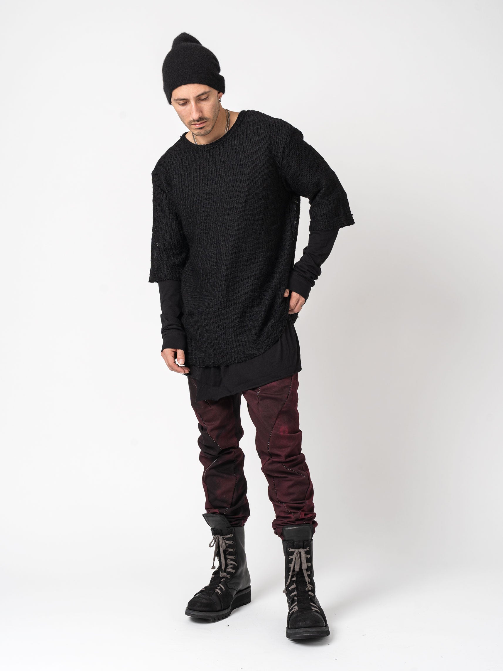 Knit x Cotton Jersey Layered T-Shirt