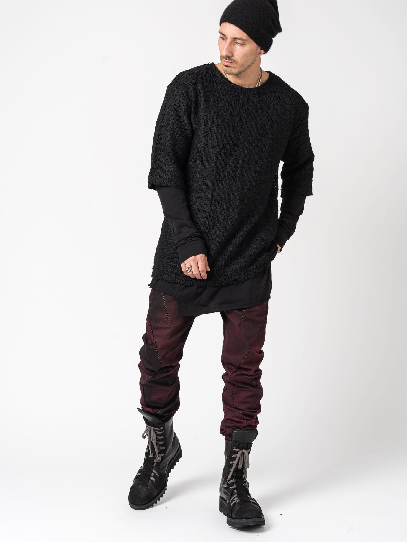 Knit x Cotton Jersey Layered T-Shirt