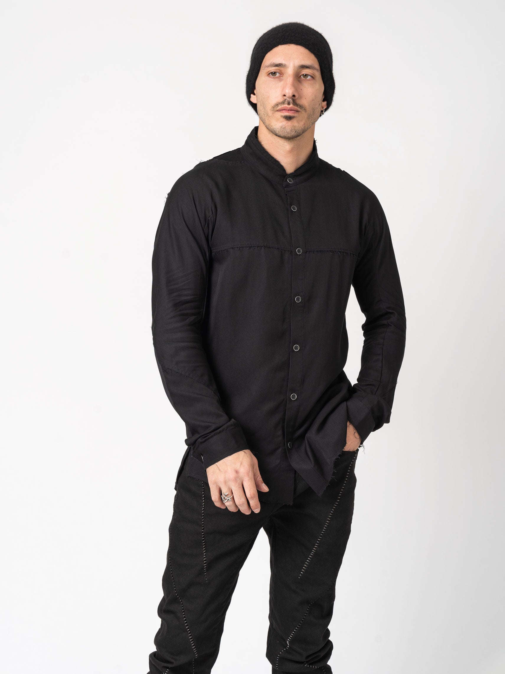 Rayon Twill Cut-Off Band Collar Shirt