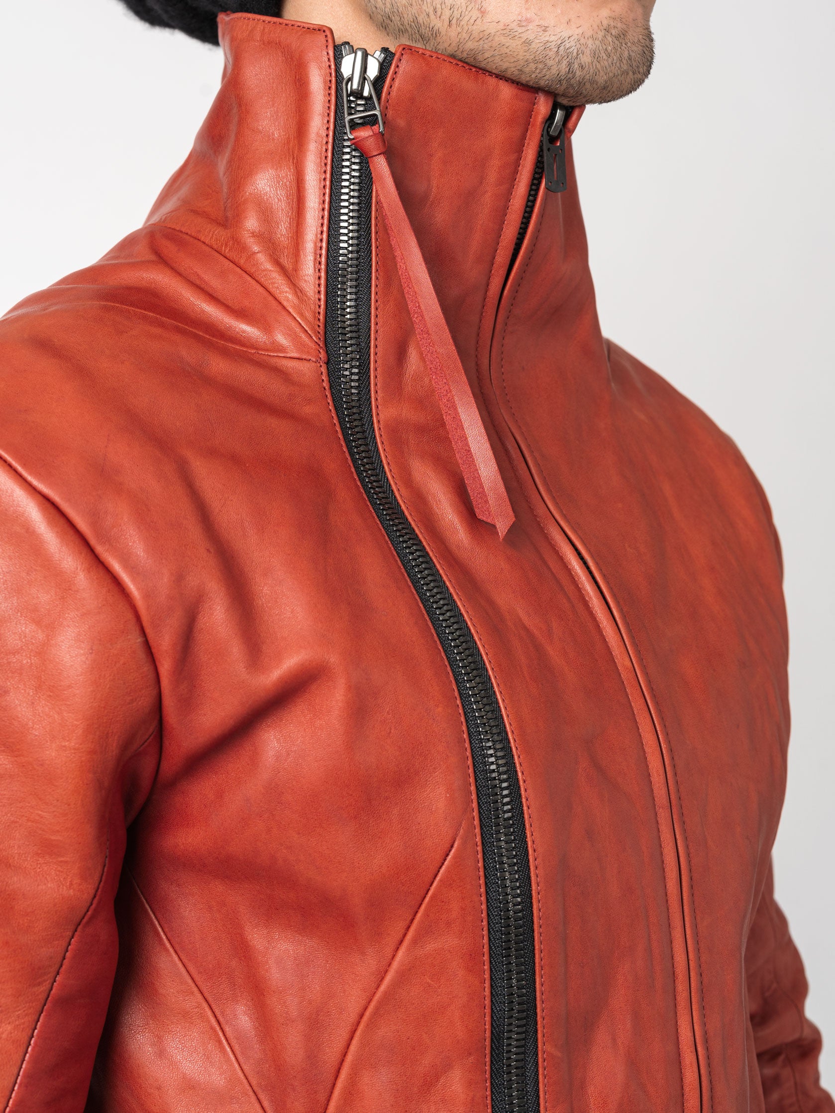 Horse Leather Dual-Zip High-Neck Jacket