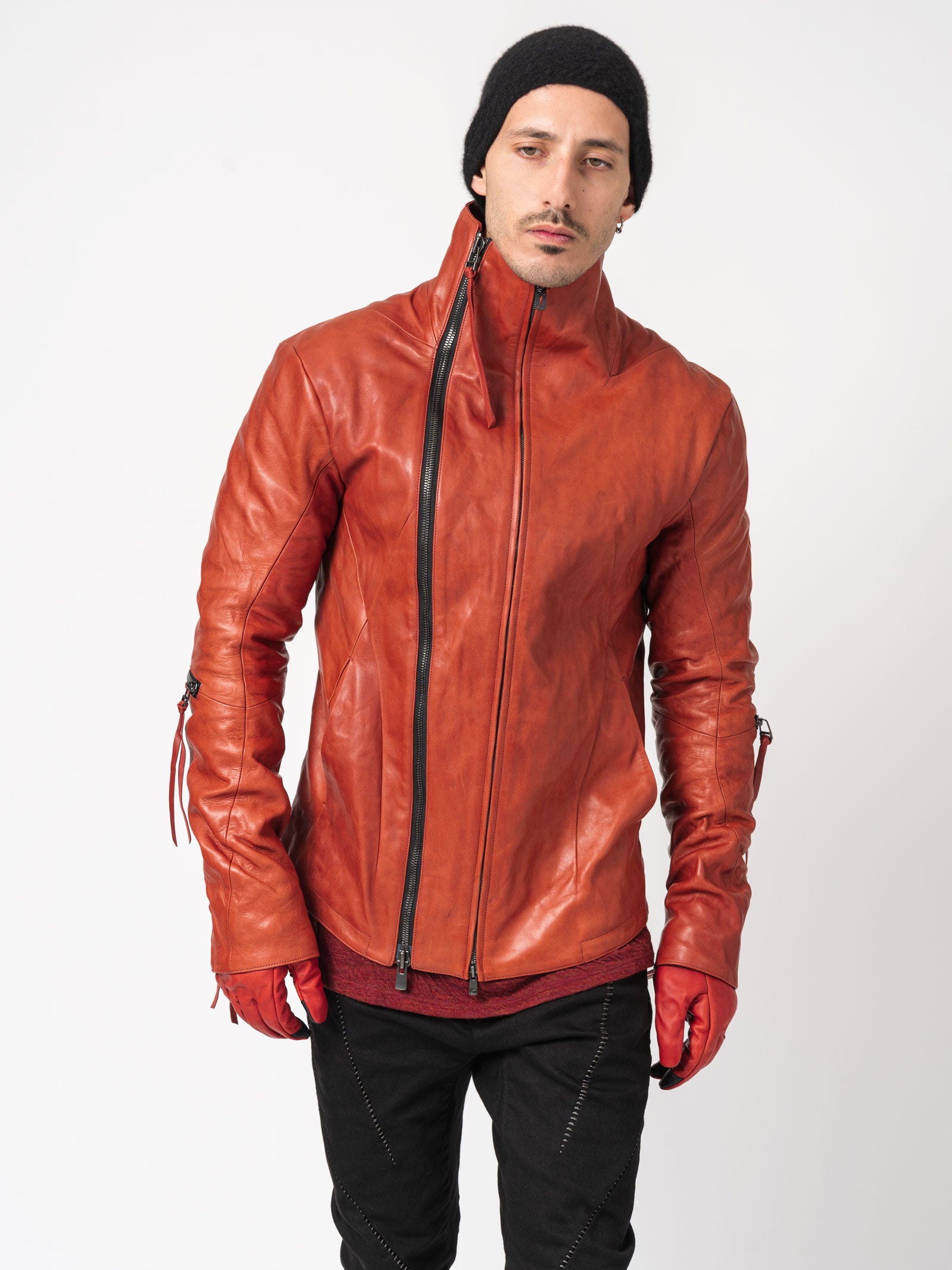 Horse Leather Dual-Zip High-Neck Jacket