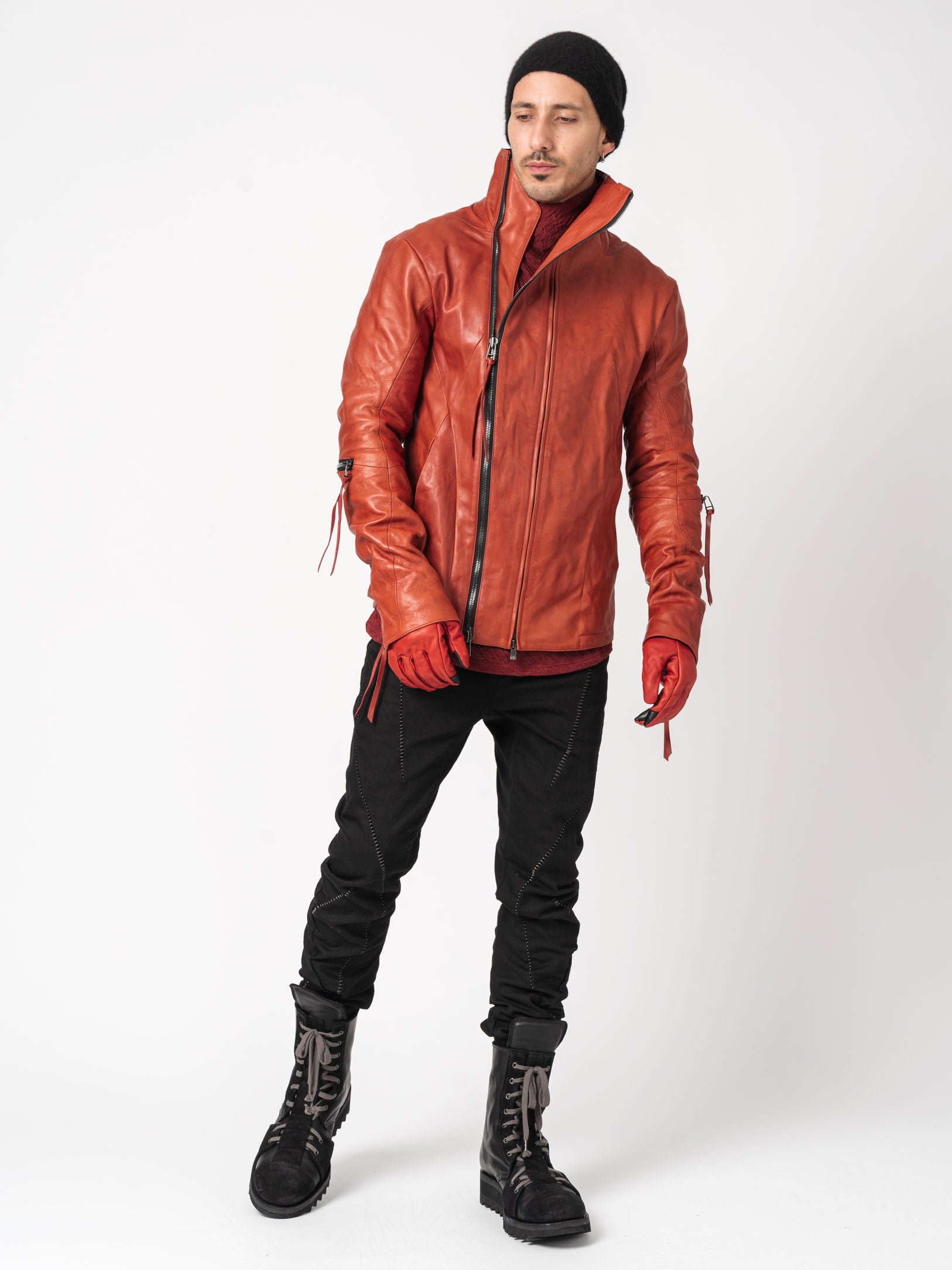 Horse Leather Dual-Zip High-Neck Jacket