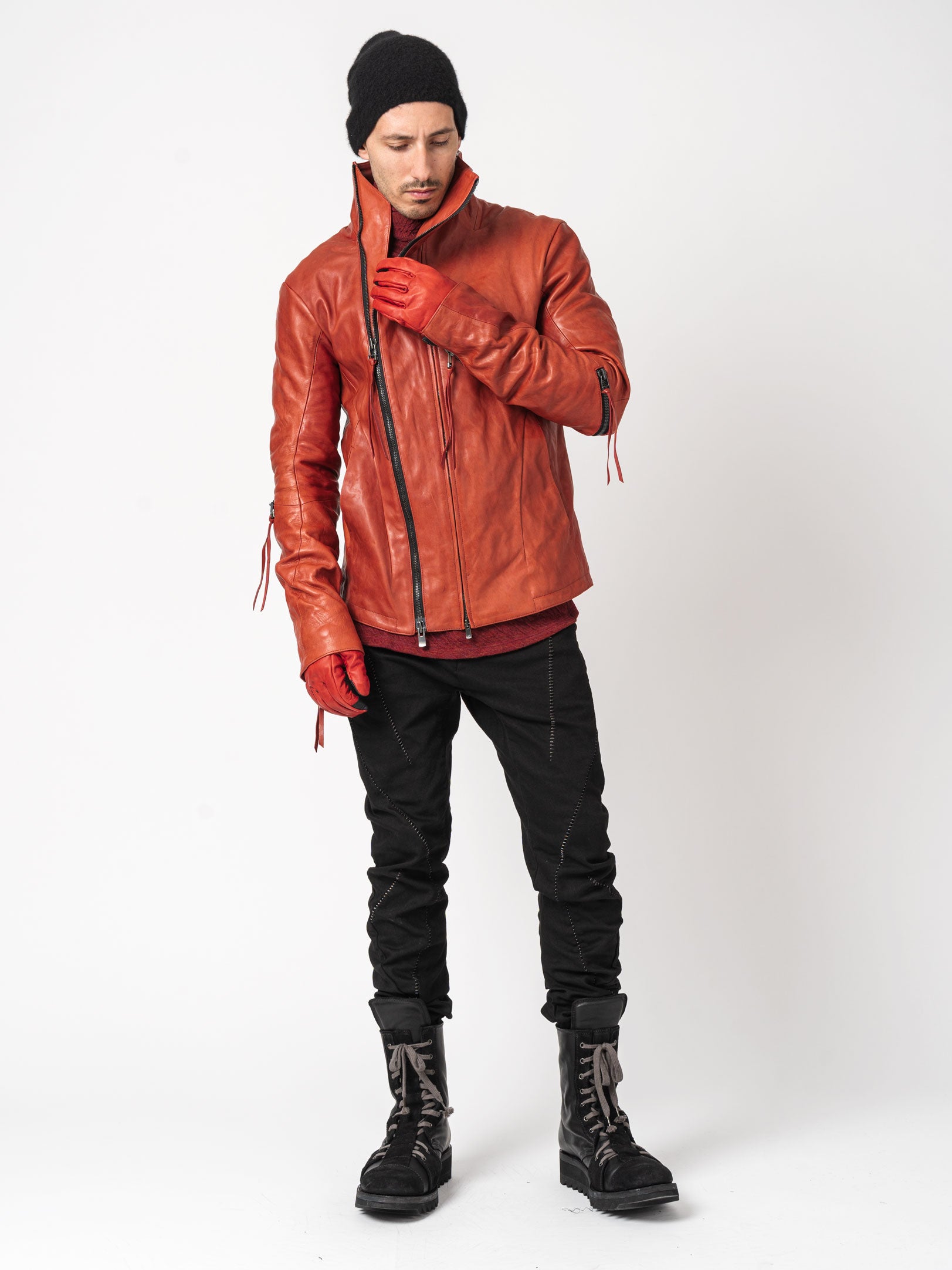 Horse Leather Dual-Zip High-Neck Jacket