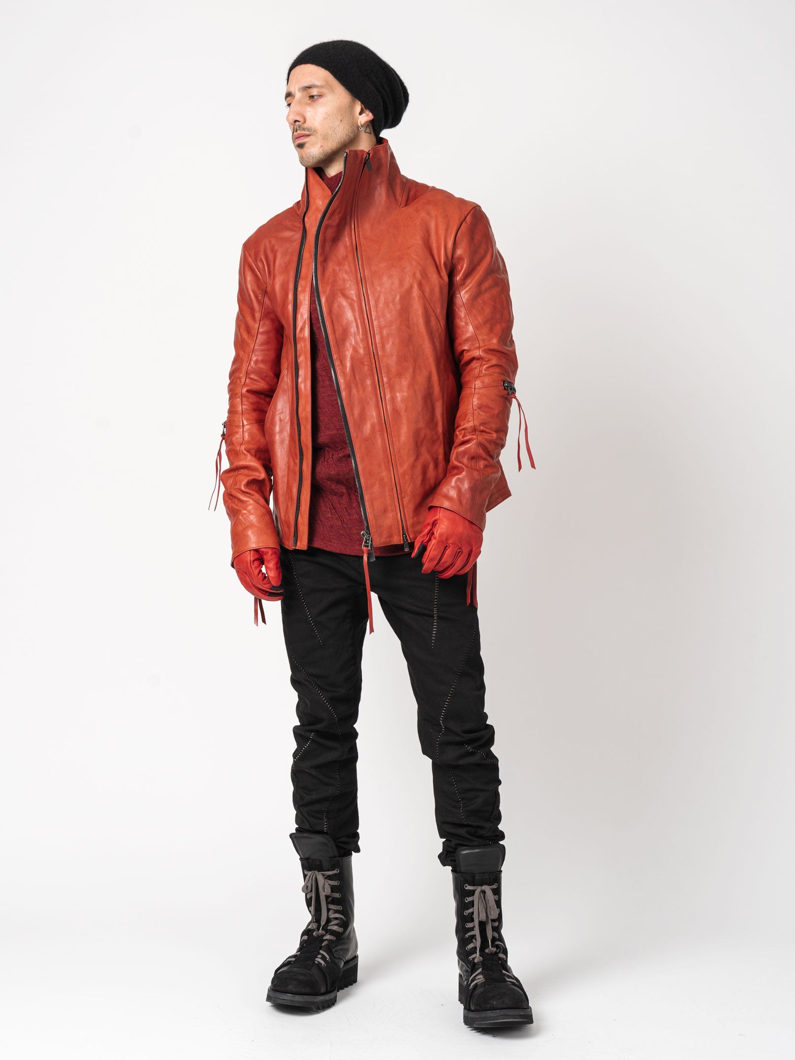 Horse Leather Dual-Zip High-Neck Jacket