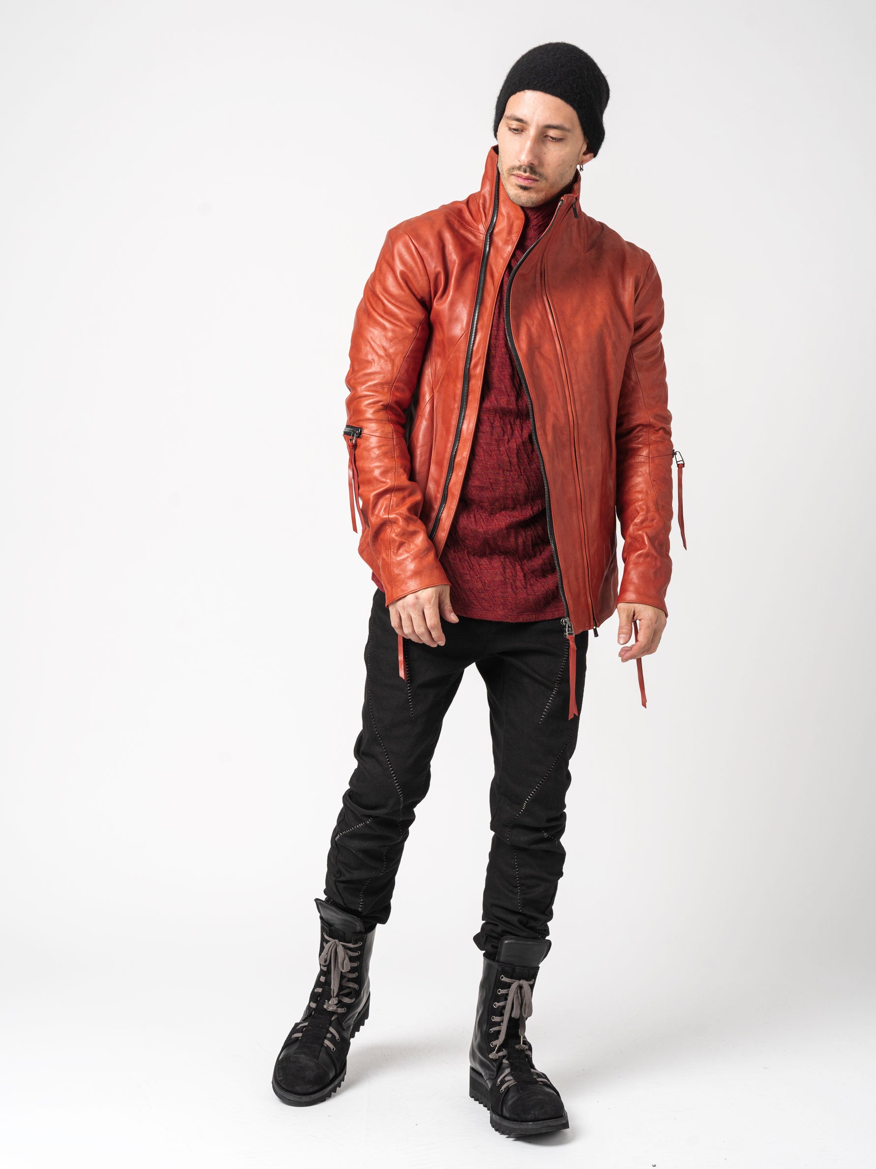 Horse Leather Dual-Zip High-Neck Jacket