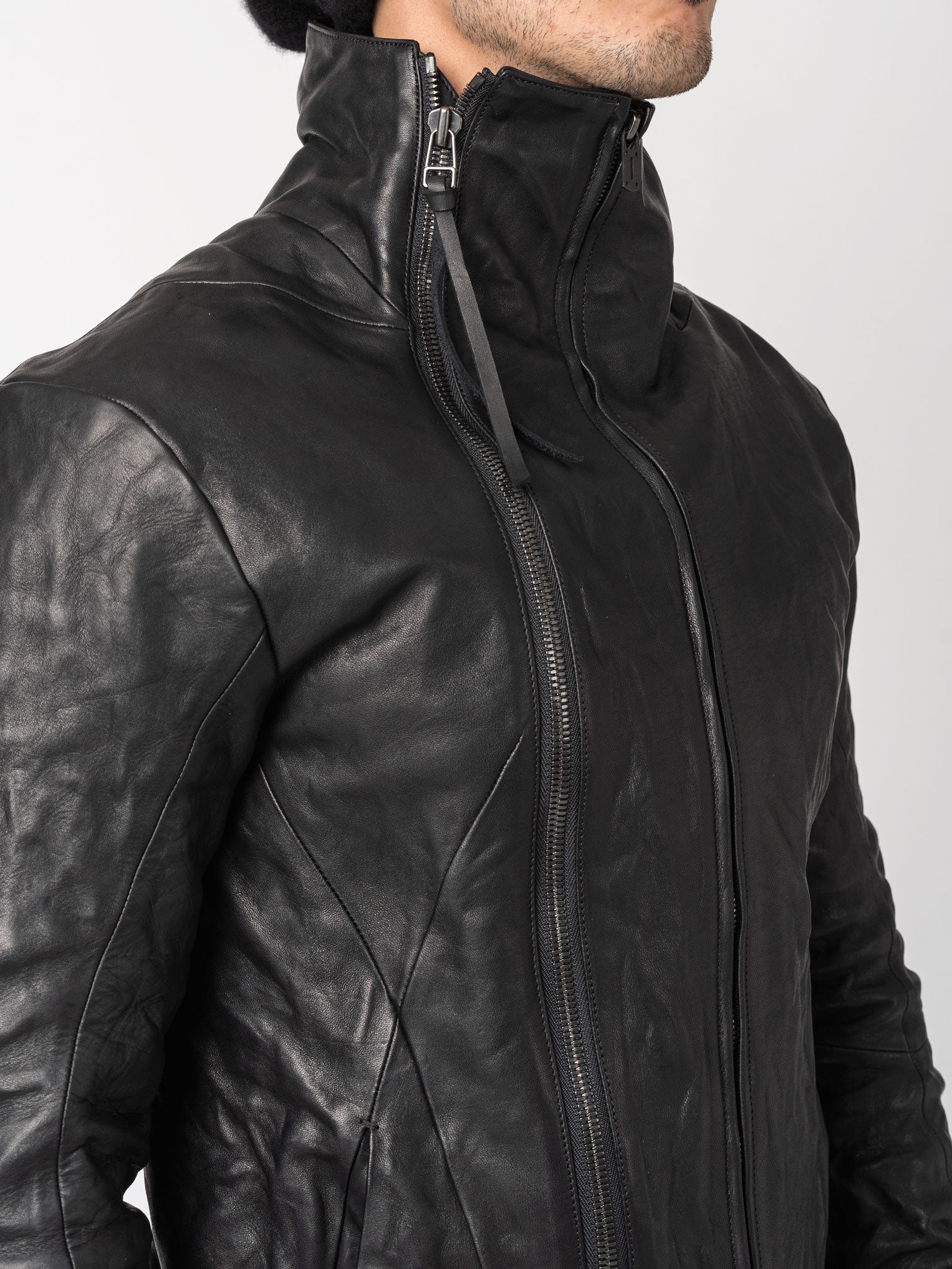 Horse Leather Dual-Zip High-Neck Jacket