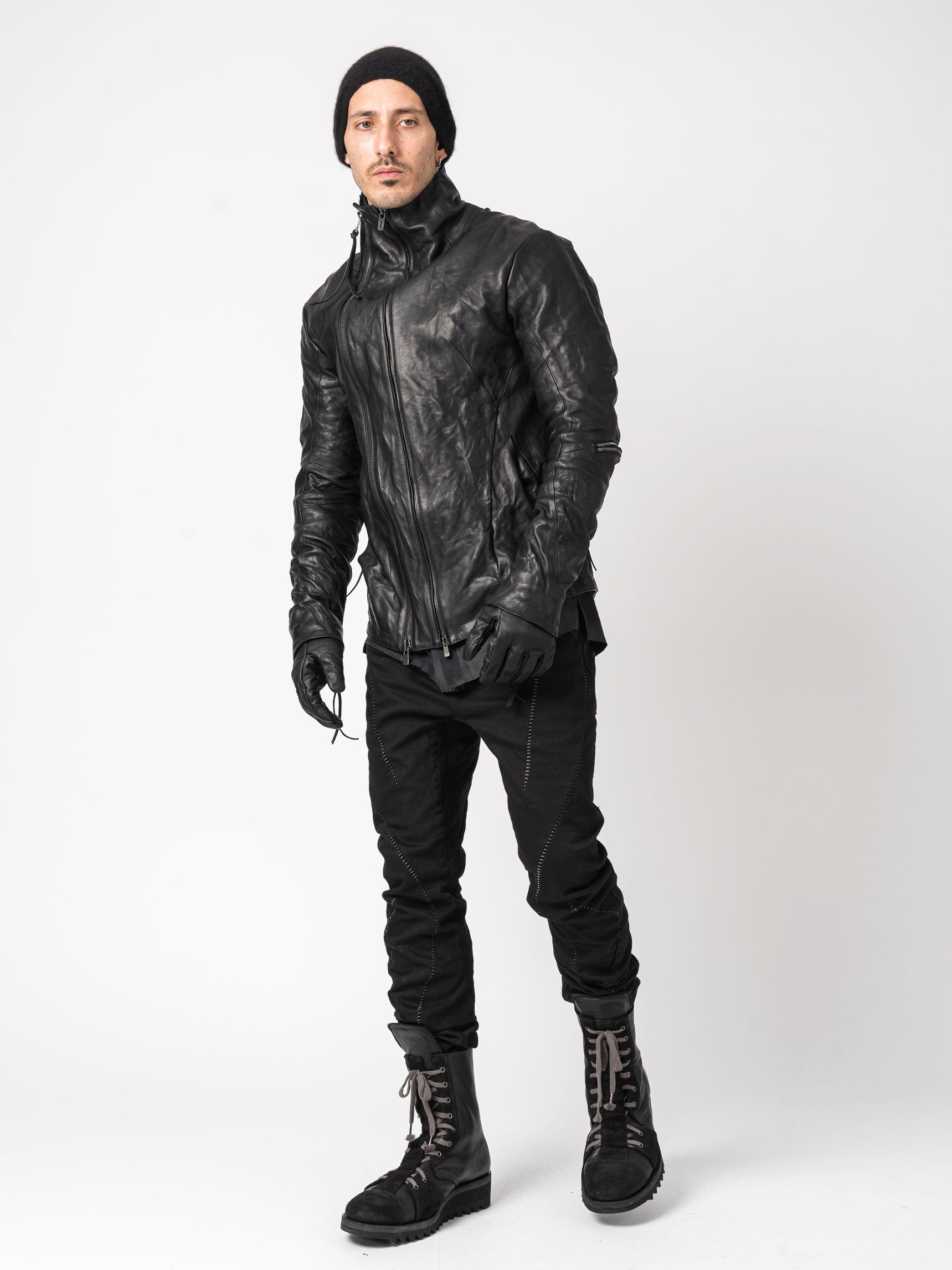 Horse Leather Dual-Zip High-Neck Jacket