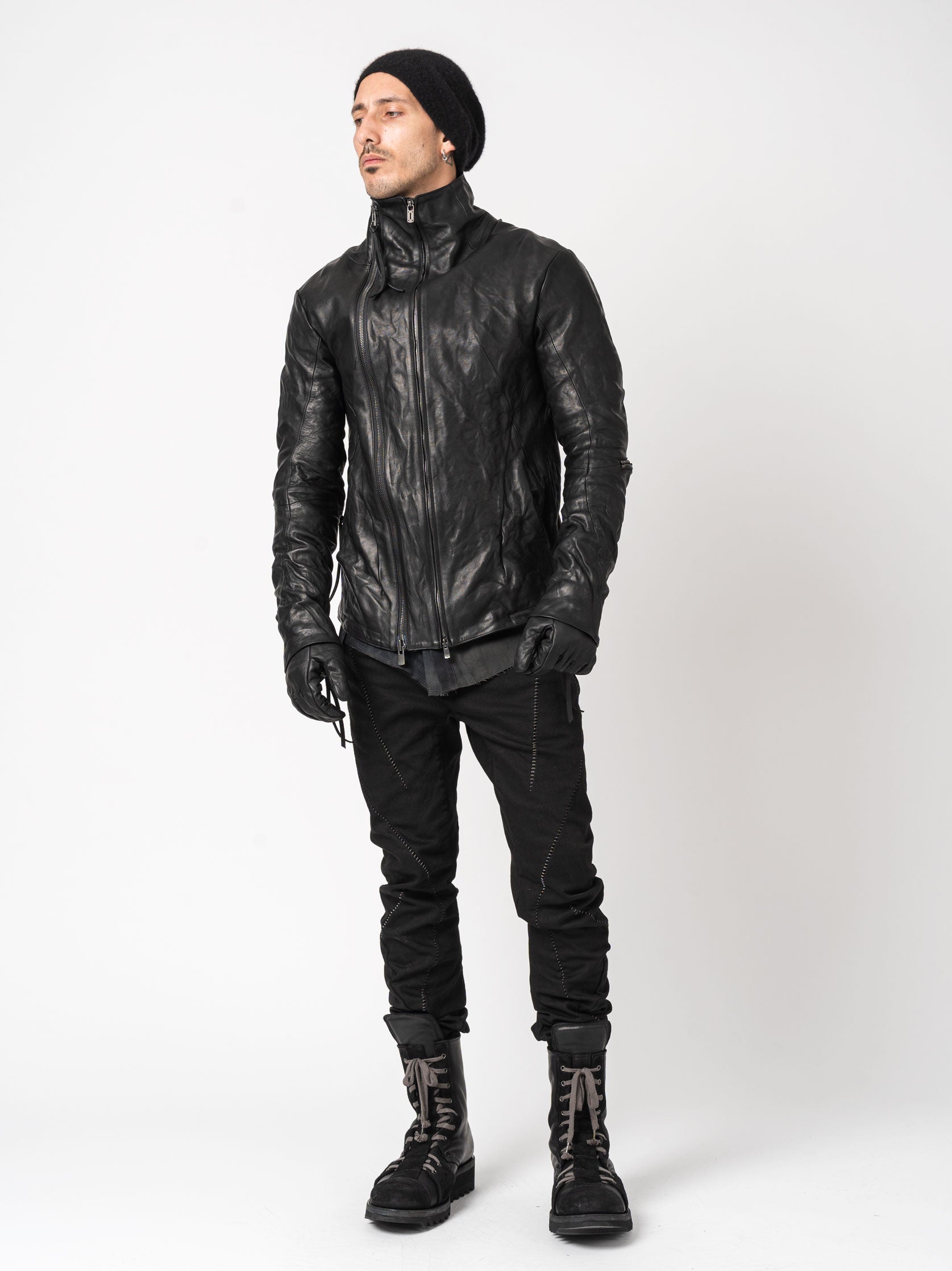 Horse Leather Dual-Zip High-Neck Jacket