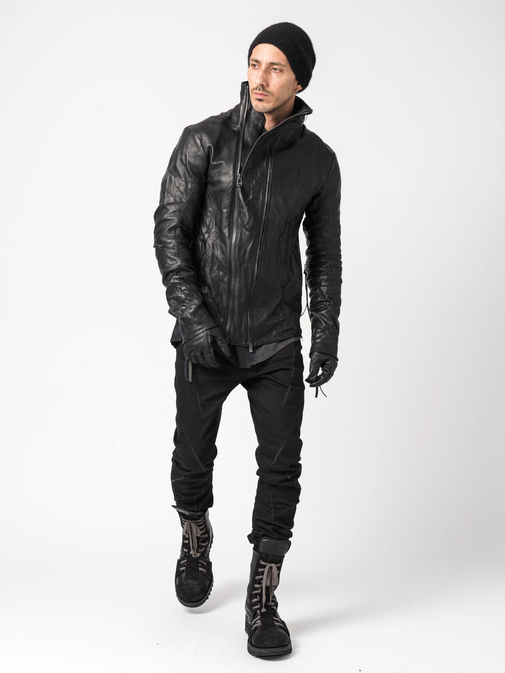 Horse Leather Dual-Zip High-Neck Jacket