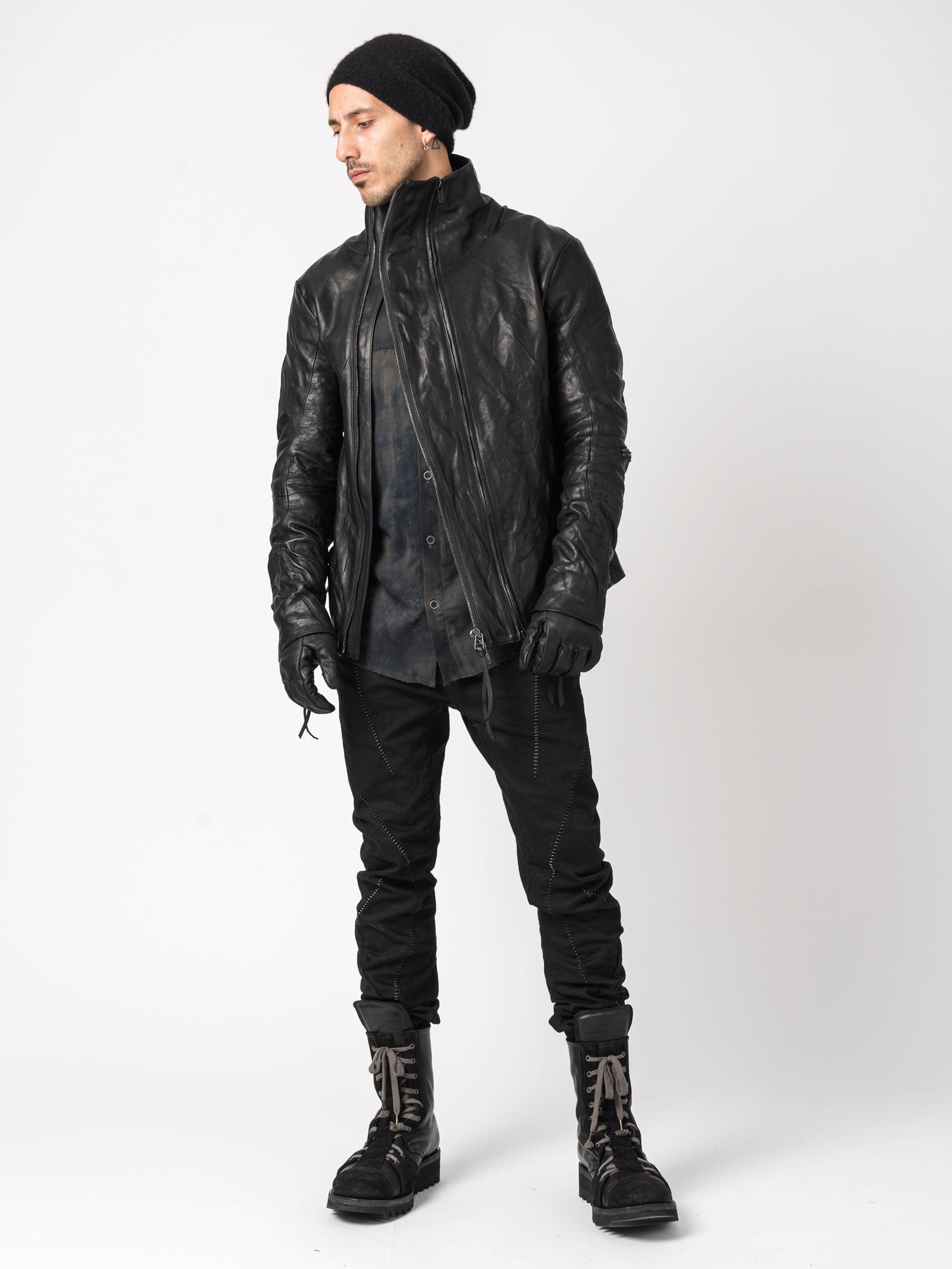 Horse Leather Dual-Zip High-Neck Jacket