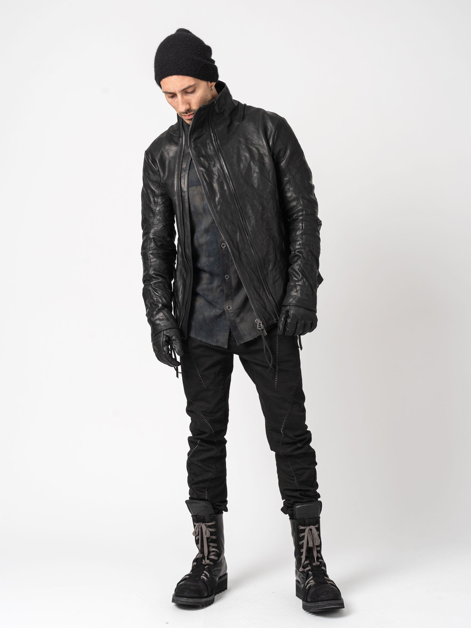 Horse Leather Dual-Zip High-Neck Jacket