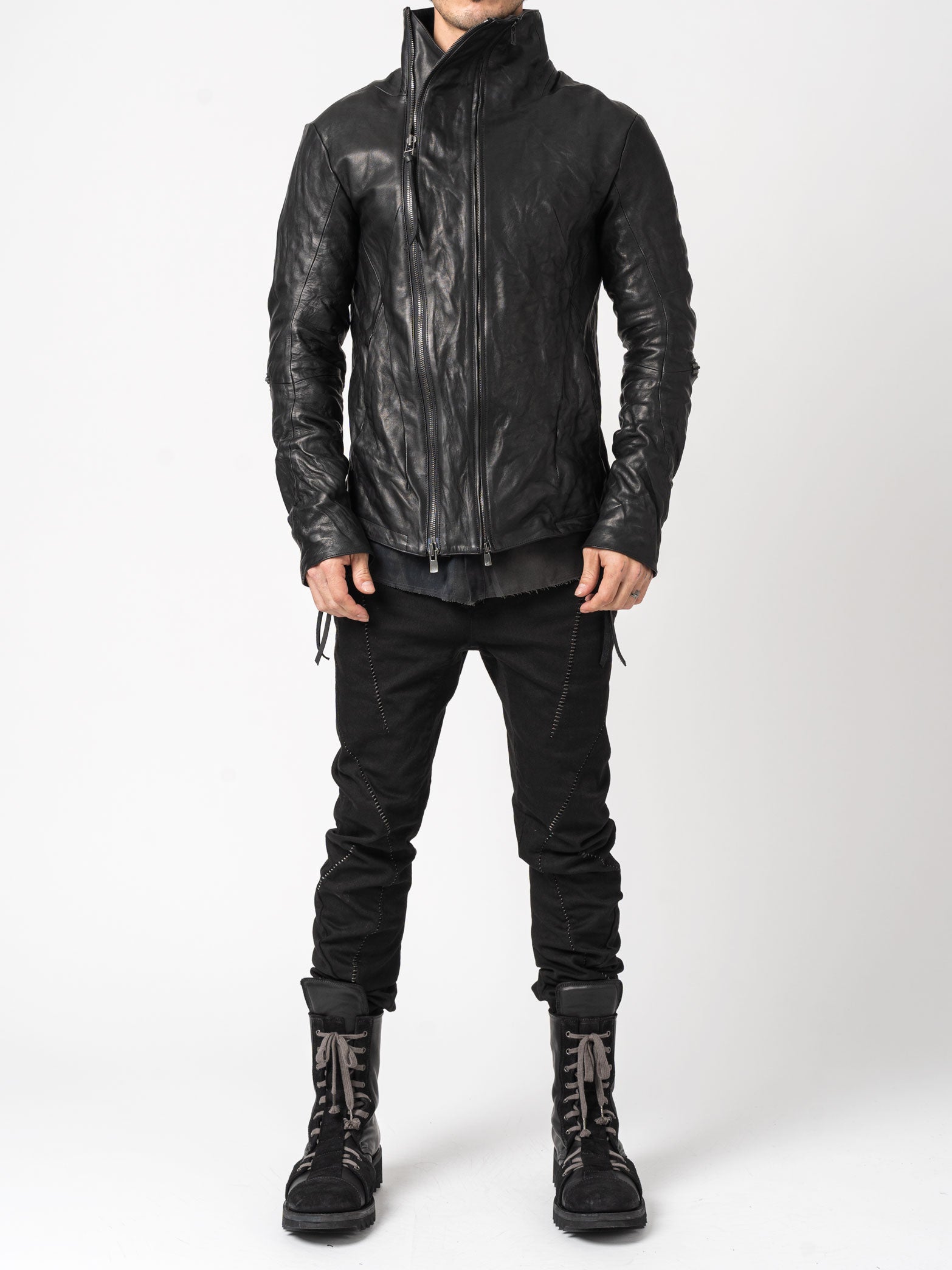 Horse Leather Dual-Zip High-Neck Jacket