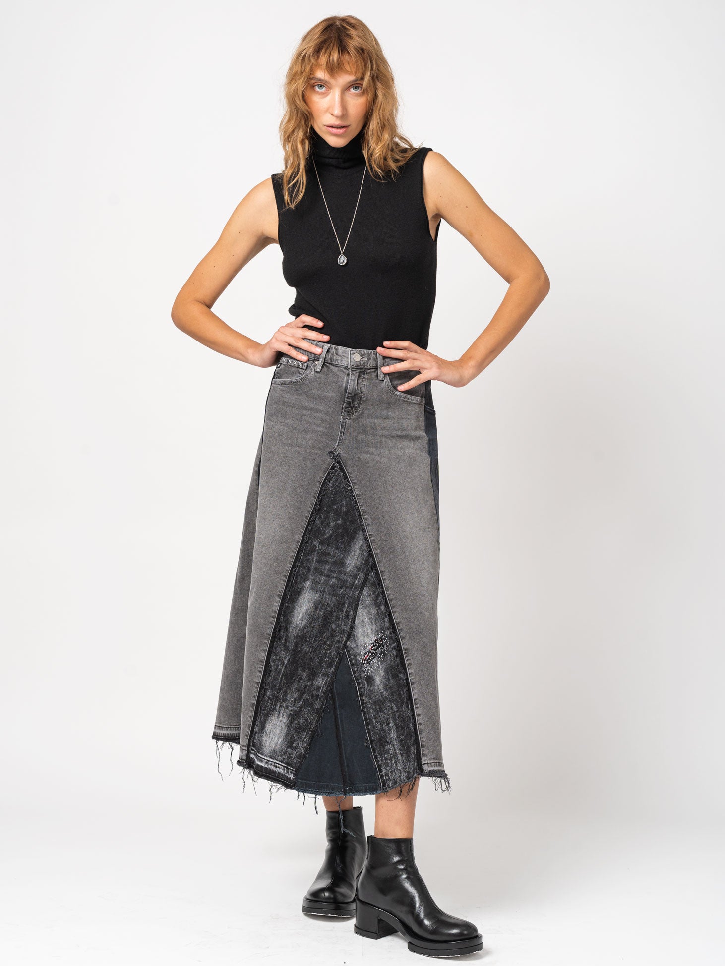 Asymmetrical Denim Patchwork Skirt