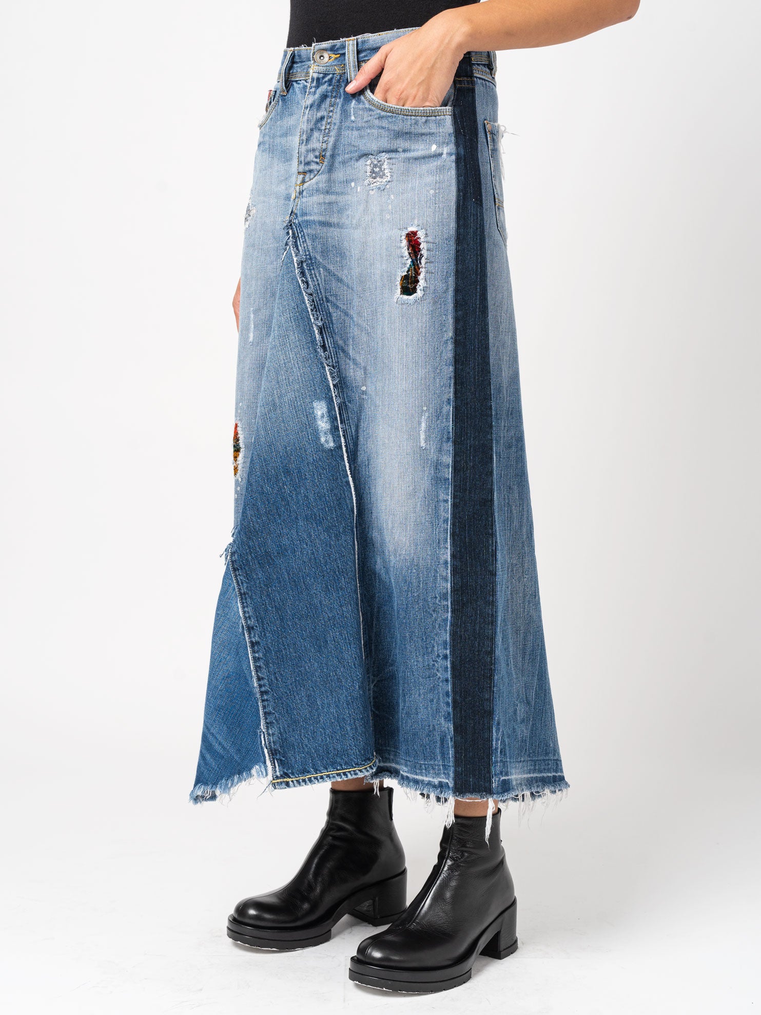 Asymmetrical Denim Patchwork Skirt