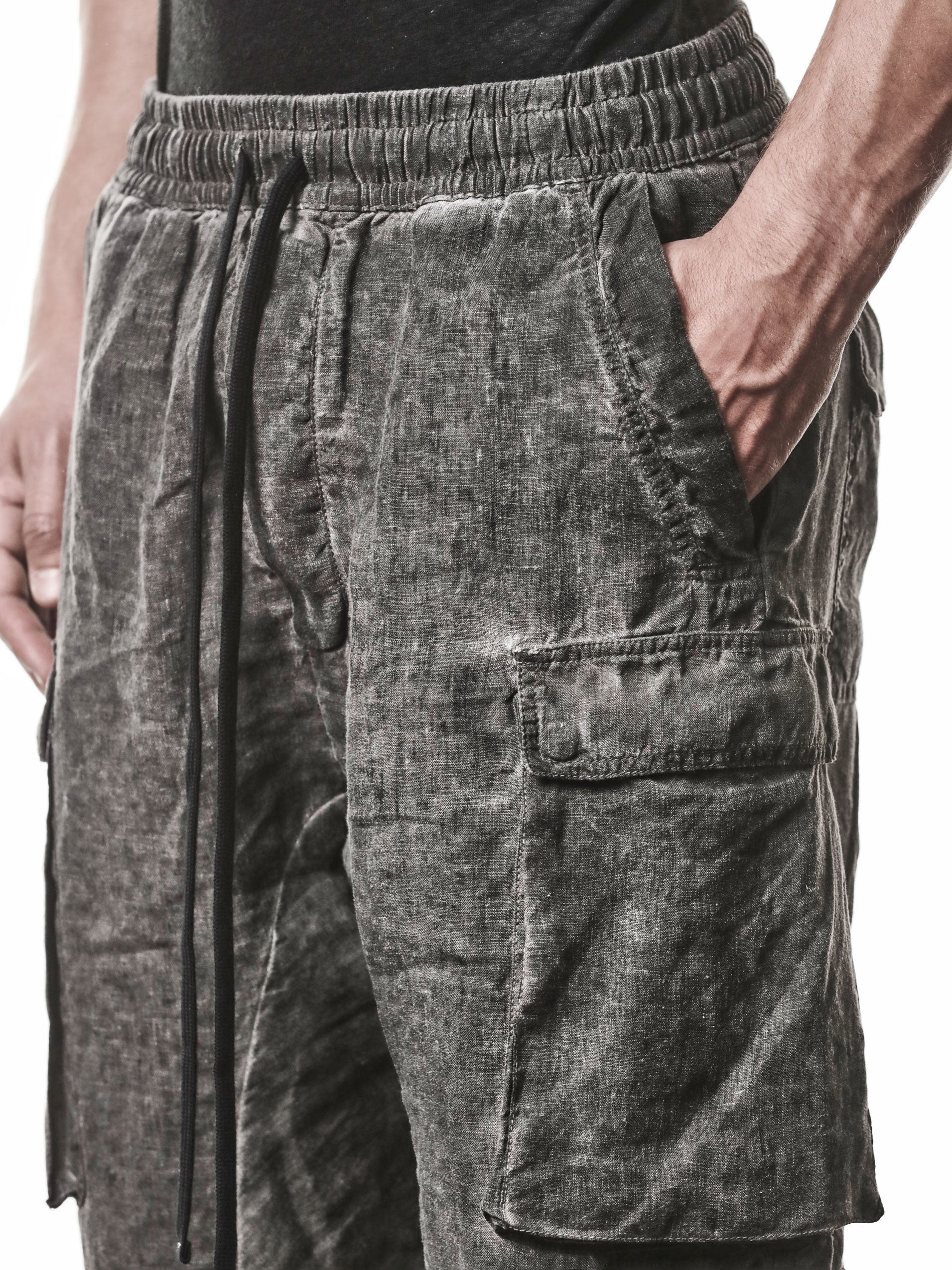 THOM KROM MP46 Low-Crotch Linen Trousers in vegetal black - full length on model