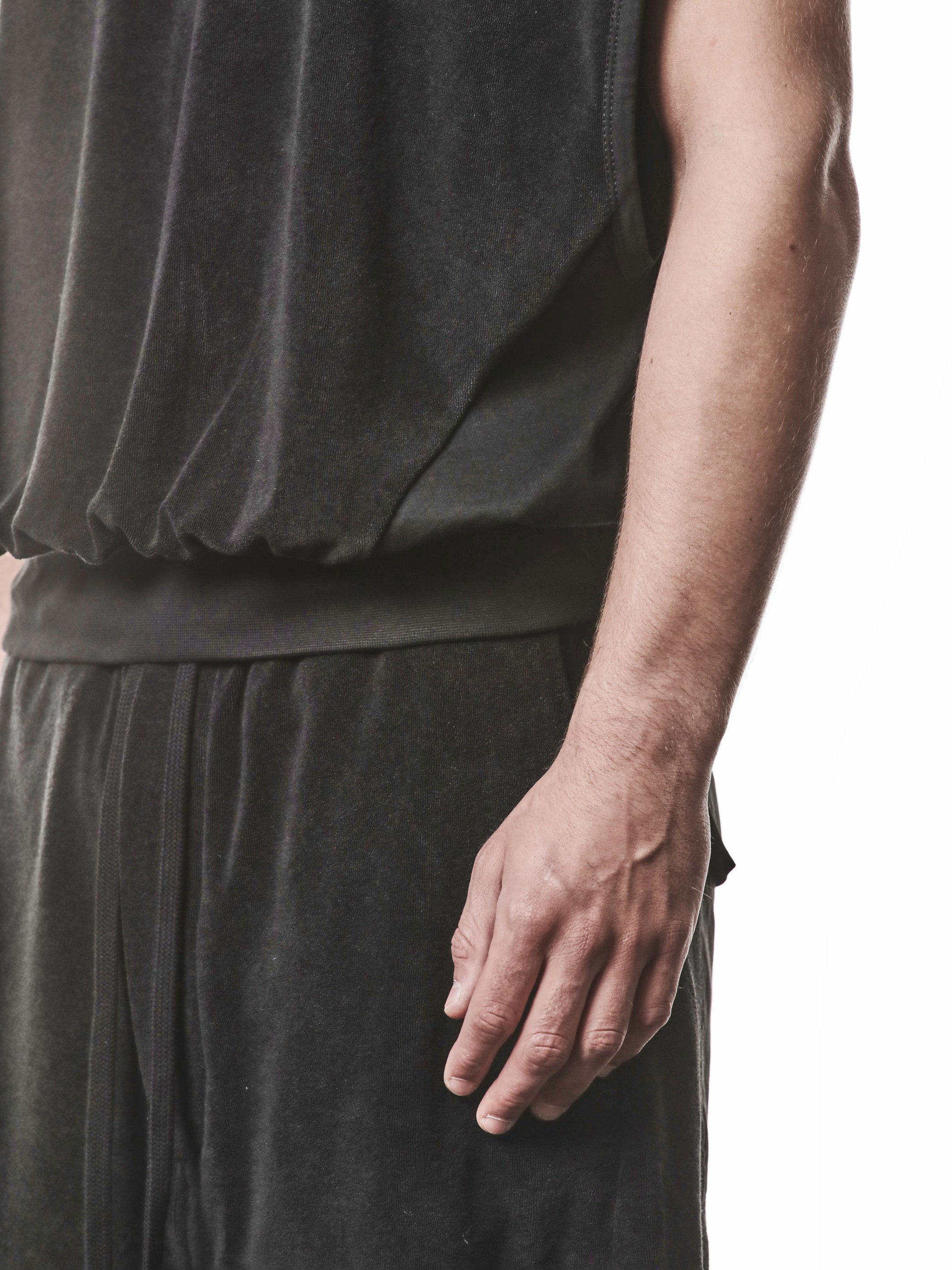 Blade Shoulder Top in black by THOM KROM - back view with slash logo stitching