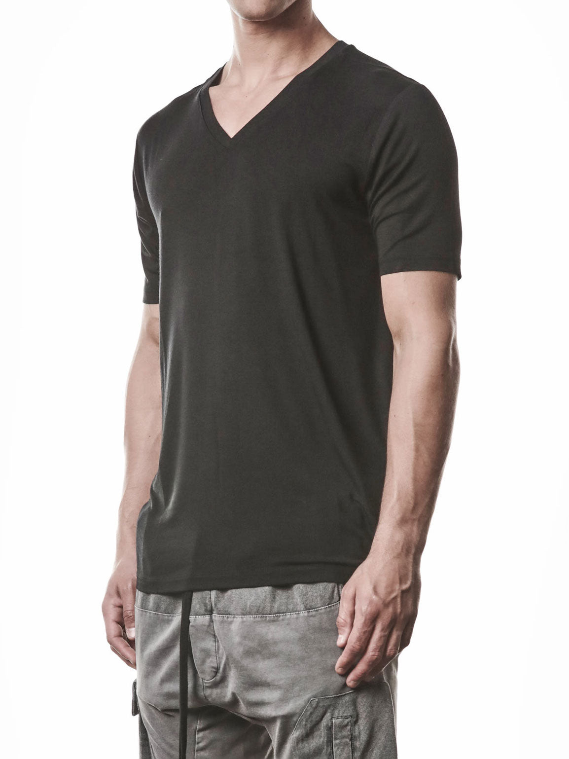 THOM KROM Silk Blend V-Neck T-Shirt black - side view showing slim silhouette and seam detail