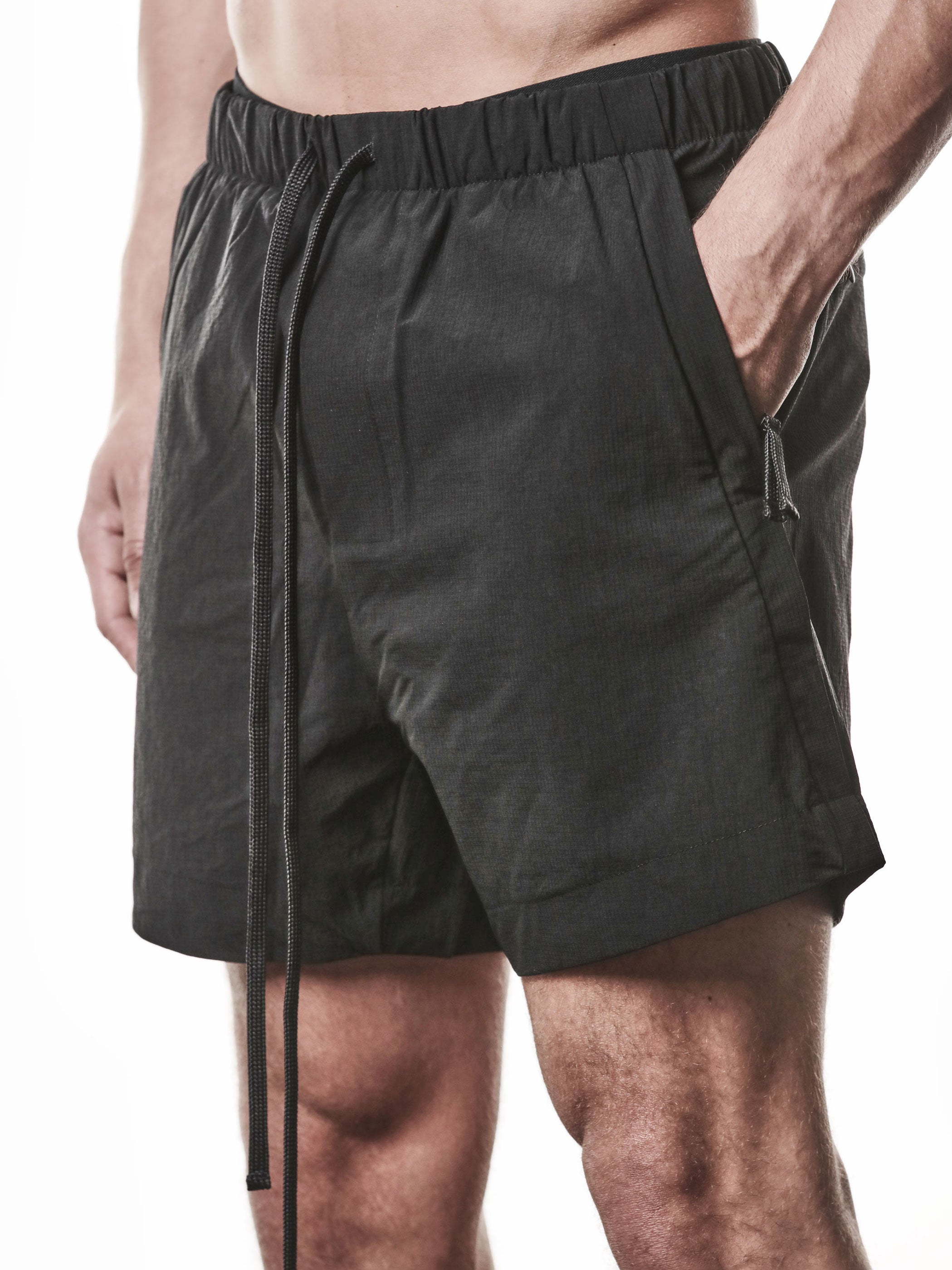 THOM KROM Nylon Swim Shorts black, side profile wide leg