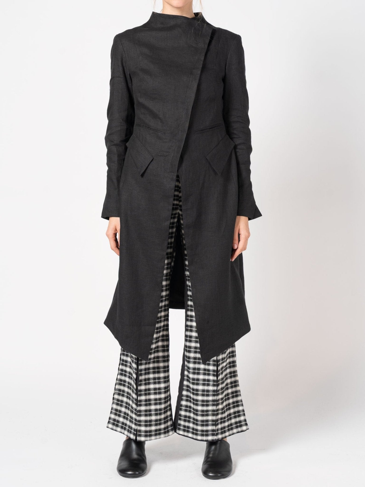 Asymmetrical Linen Coat with Stand Collar - by 139DEC