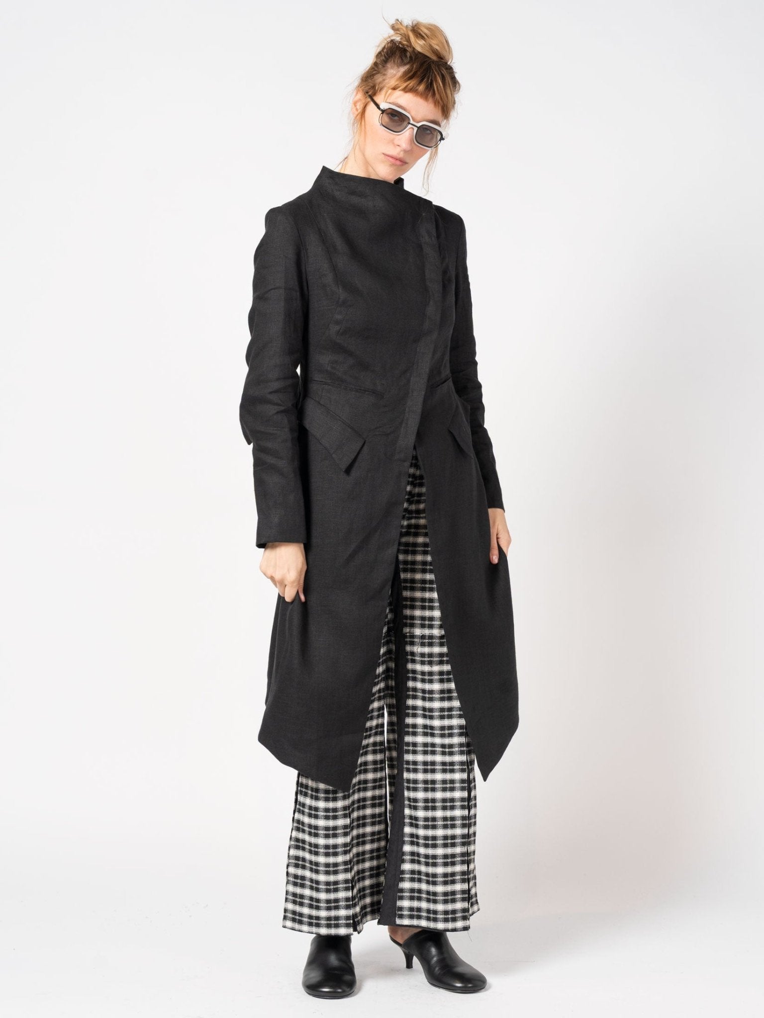 Asymmetrical Linen Coat with Stand Collar - by 139DEC