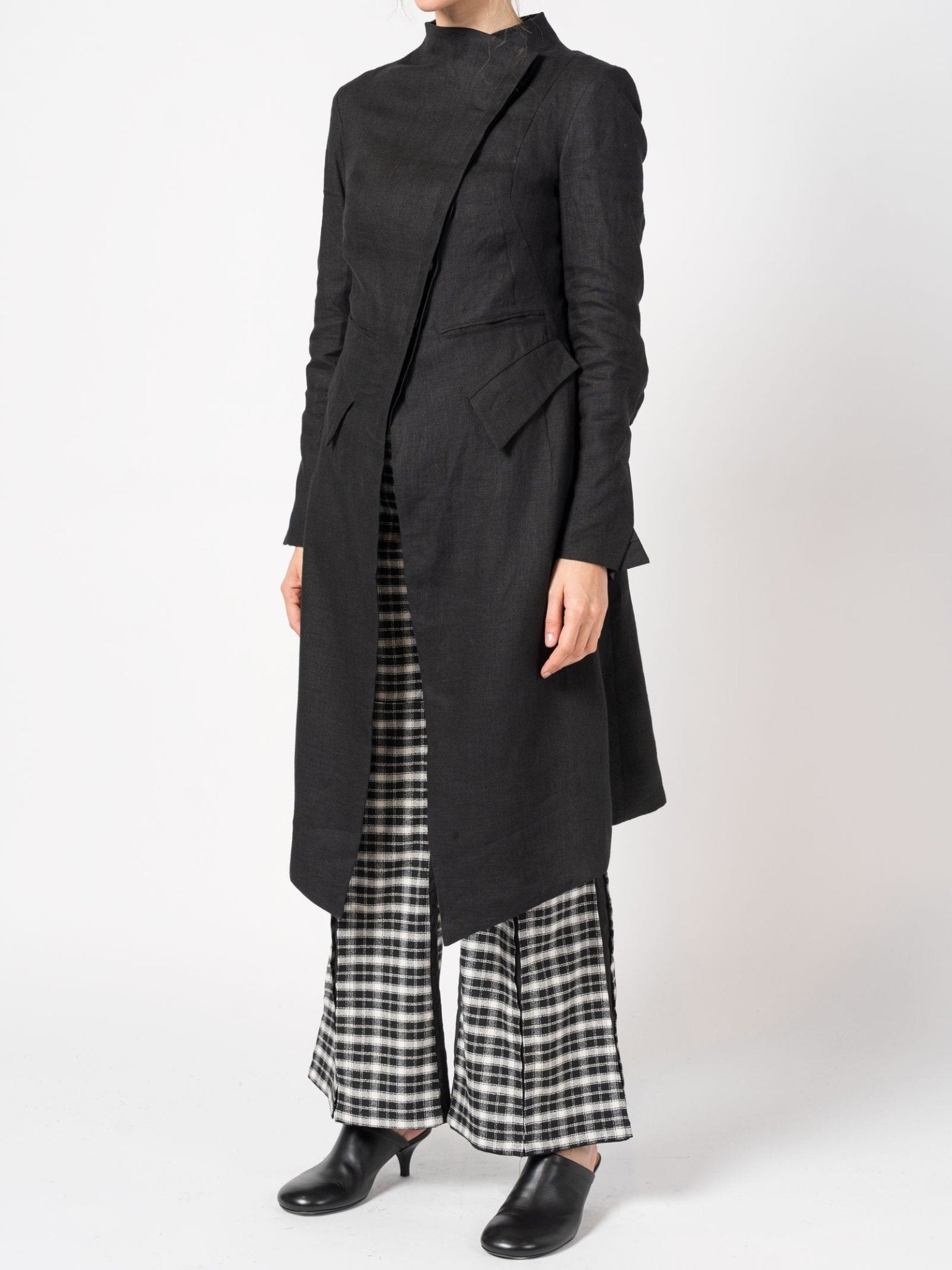 Asymmetrical Linen Coat with Stand Collar - by 139DEC