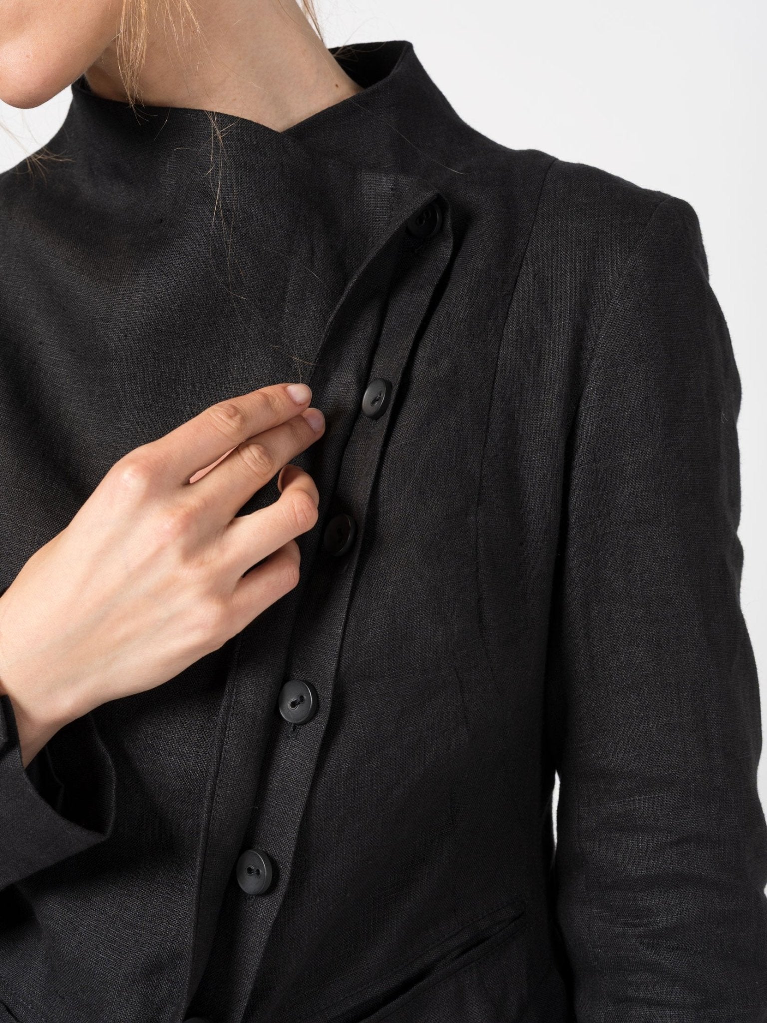 Asymmetrical Linen Coat with Stand Collar - by 139DEC