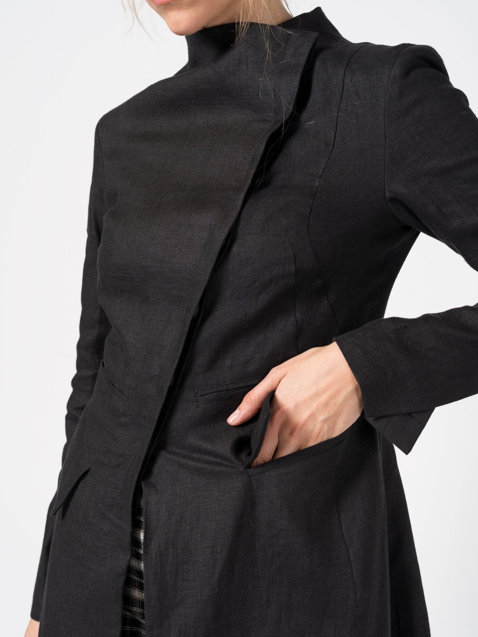 Asymmetrical Linen Coat with Stand Collar - by 139DEC