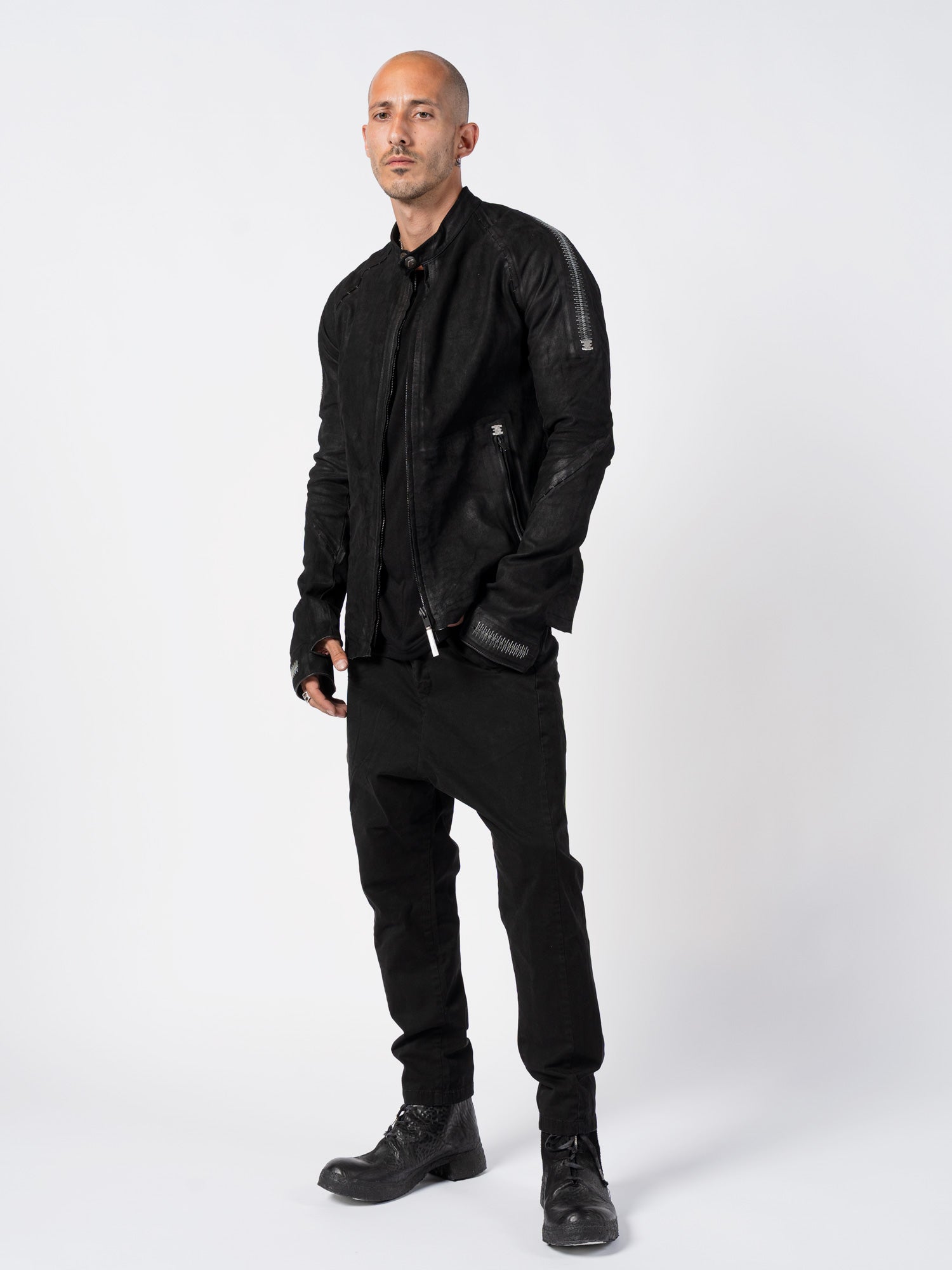 Stapled Leather Jacket with Anatomical Paneling by ISAAC SELLAM