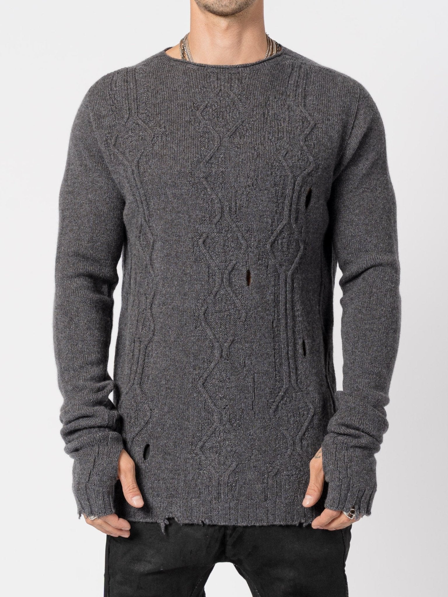 Distressed Jacquard Cashmere Pullover with Thumbholes by MD75 