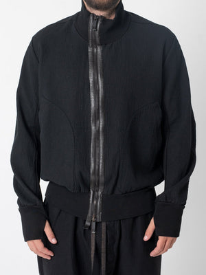 Leather-Trimmed Textured Cotton Bomber
