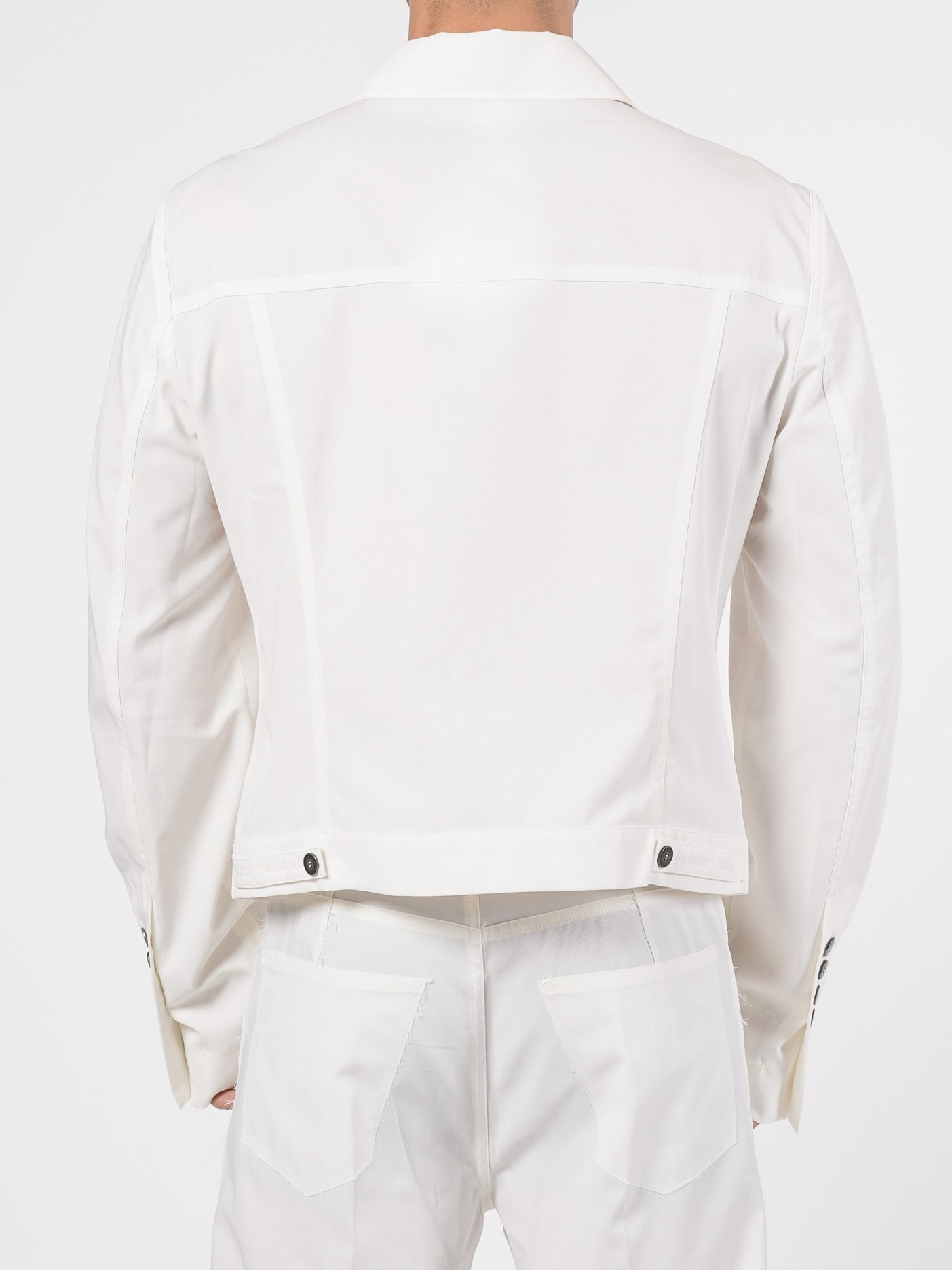 SAPIO cropped cotton jacket back view - back yoke, adjustable hem tabs, vertical panel seams