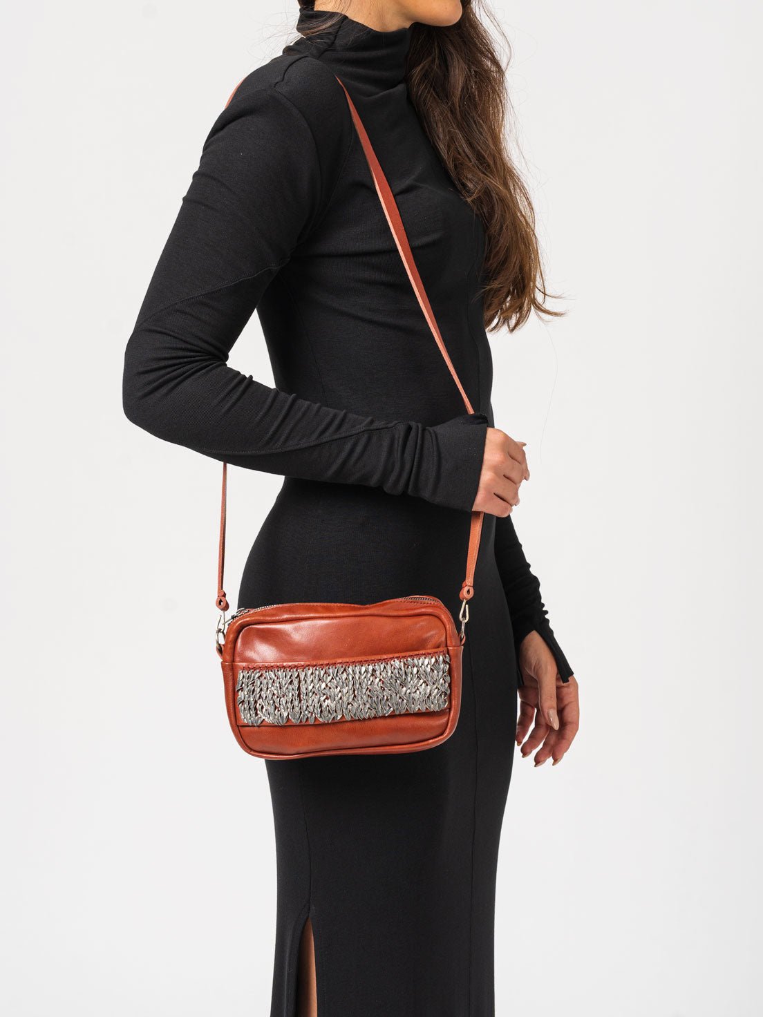 Crossbody Bag with Silver Leaves Embroidery - by DANIELE BASTA