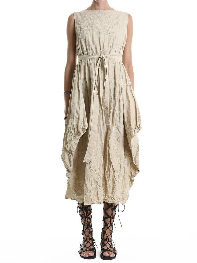 Crumpled Flared Dress with Waist Sash