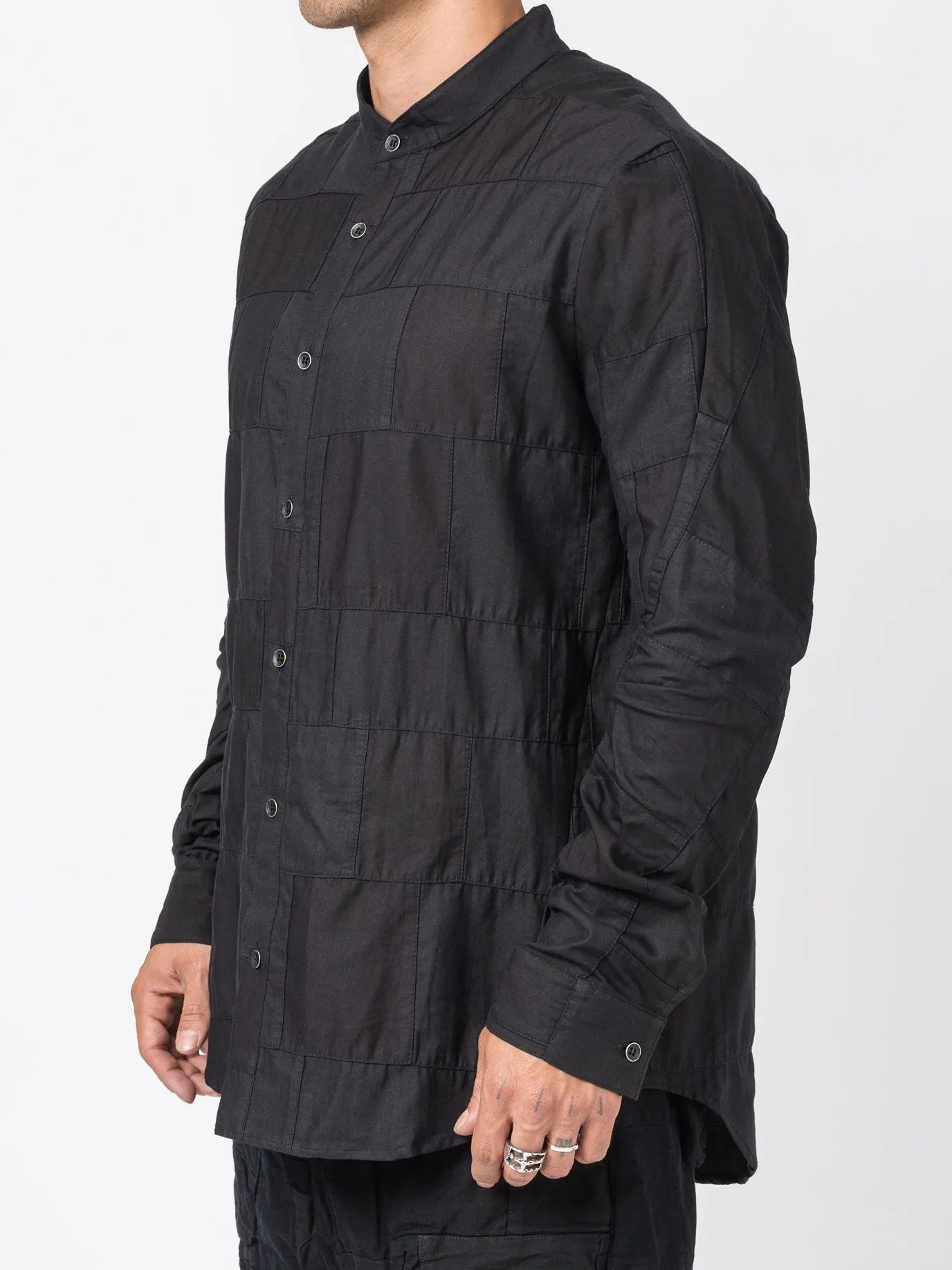 D.HYGEN Patchwork Band Collar Shirt - Black - by D.HYGEN