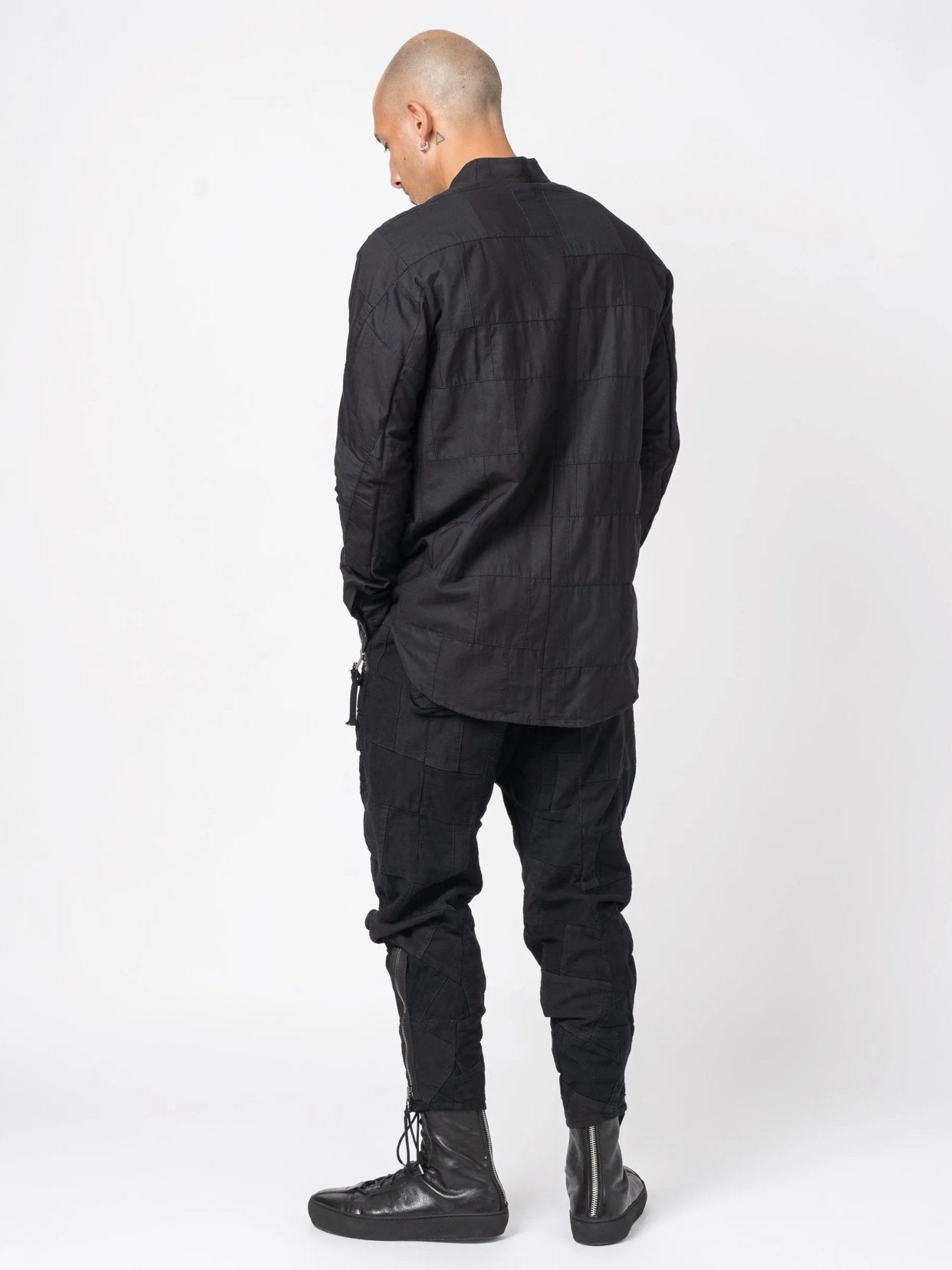 D.HYGEN Patchwork Band Collar Shirt - Black - by D.HYGEN