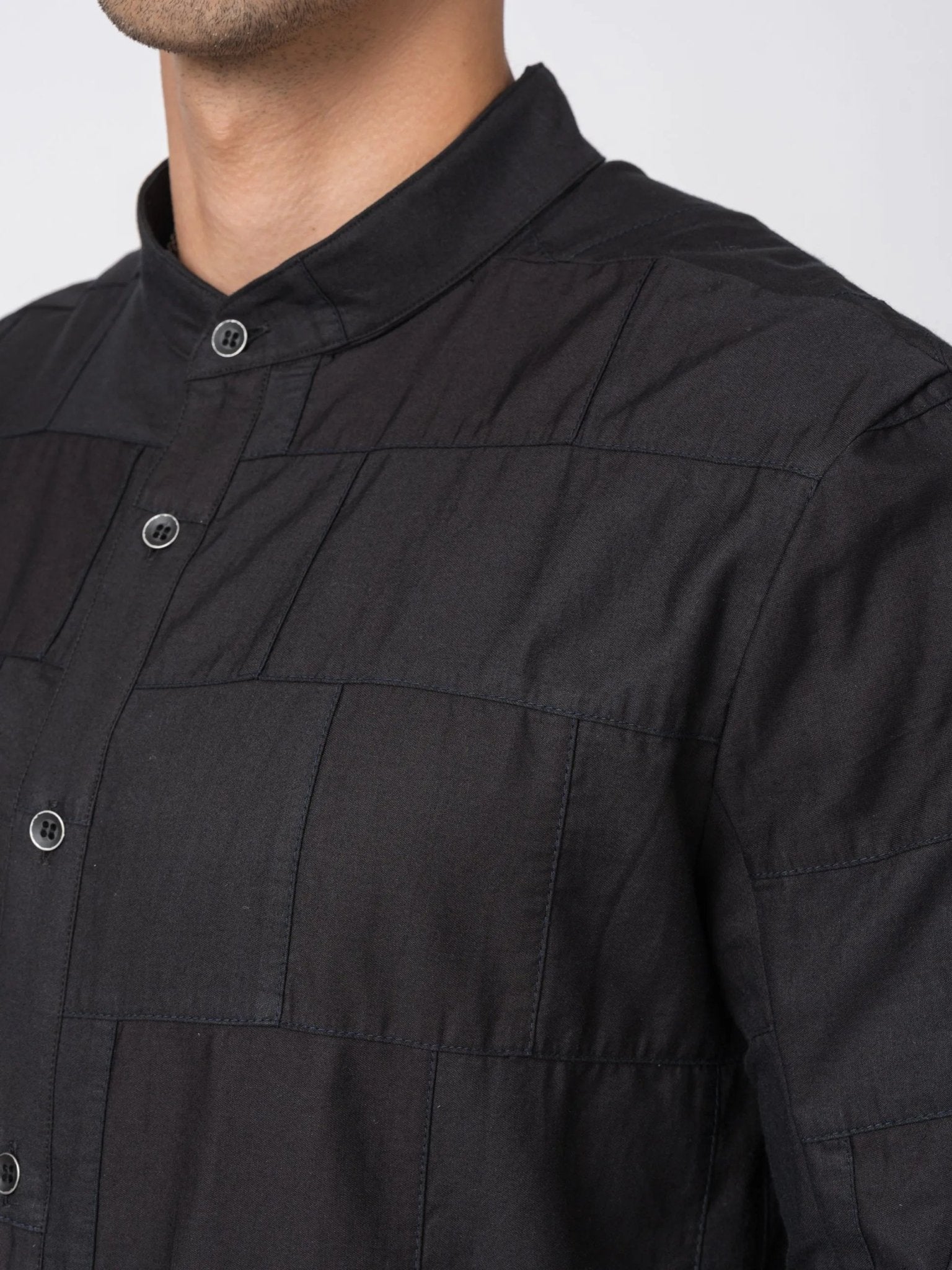 D.HYGEN Patchwork Band Collar Shirt - Black - by D.HYGEN
