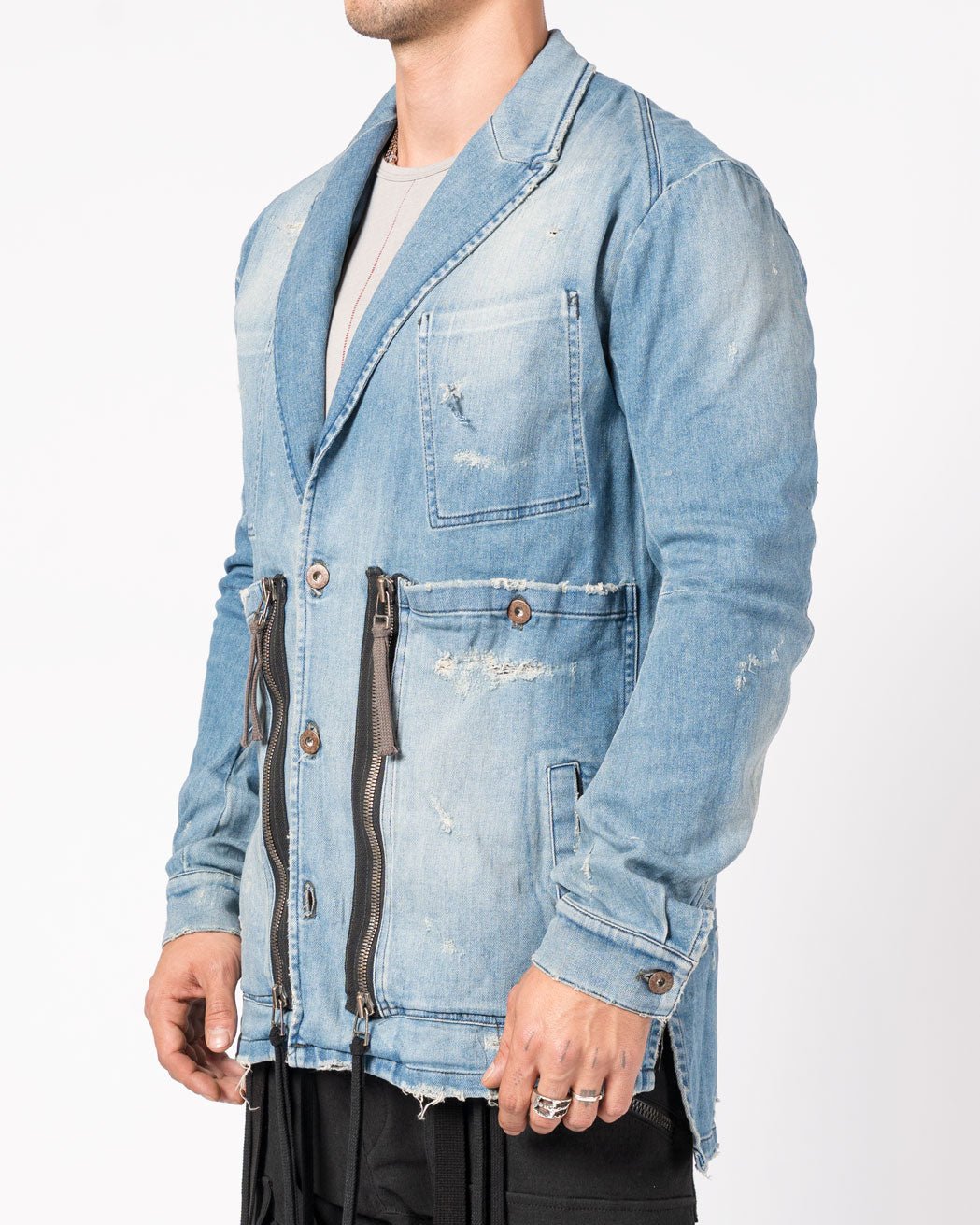 Distressed Denim Blazer with Zippers and Patch Pockets - by D.HYGEN