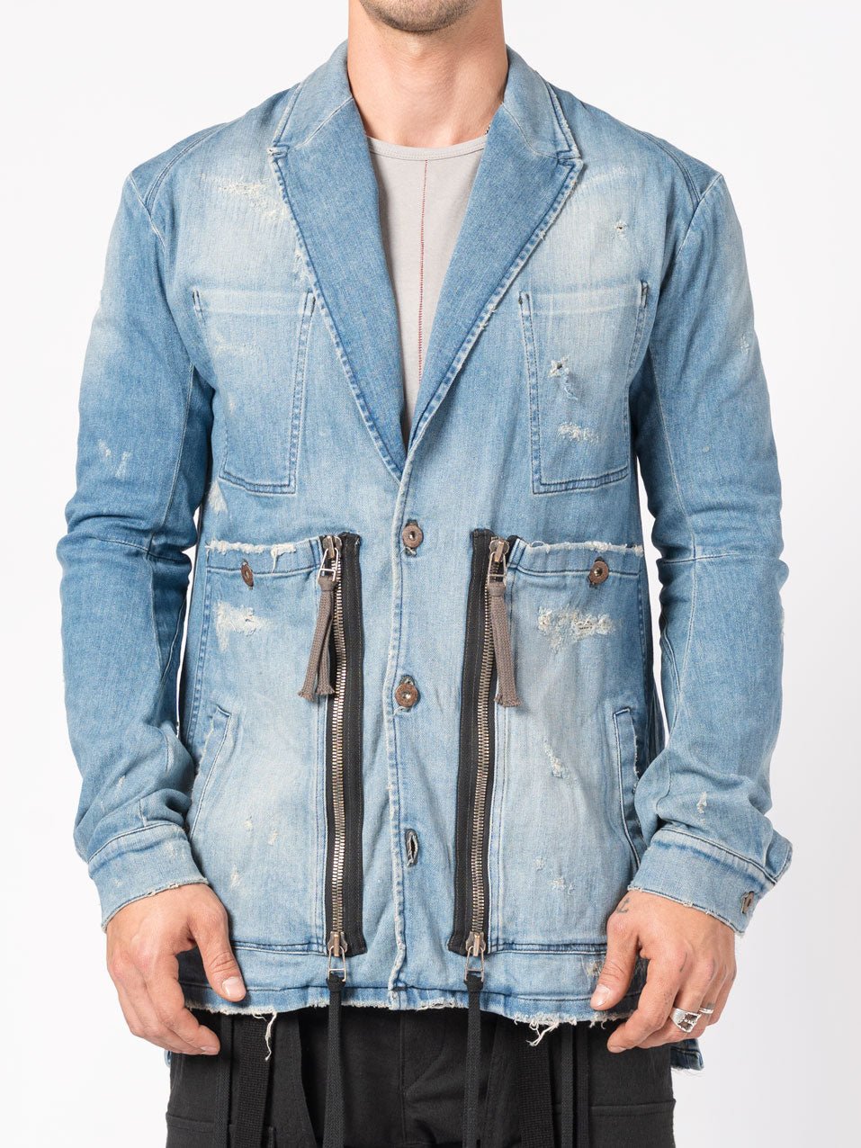 Distressed Denim Blazer with Zippers and Patch Pockets - by D.HYGEN