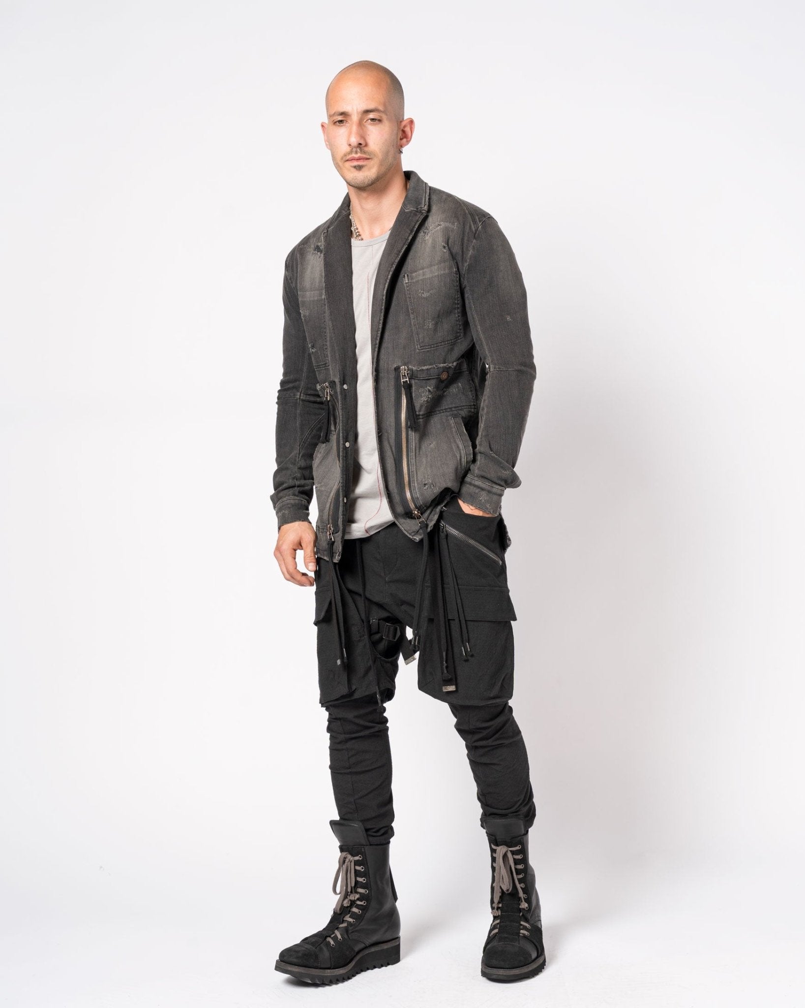 Distressed Denim Blazer with Zippers and Patch Pockets - by D.HYGEN