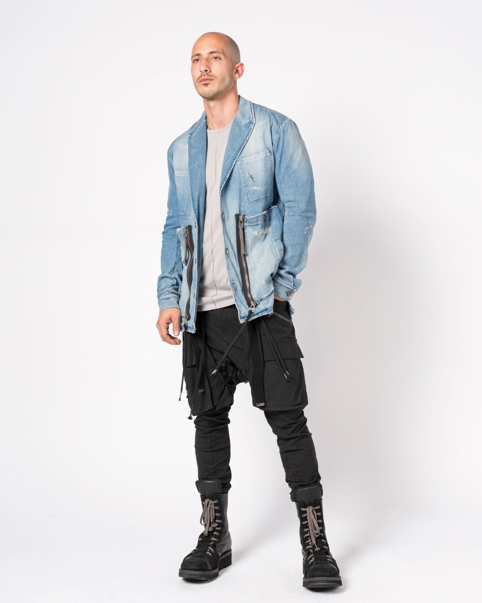 Distressed Denim Blazer with Zippers and Patch Pockets - by D.HYGEN