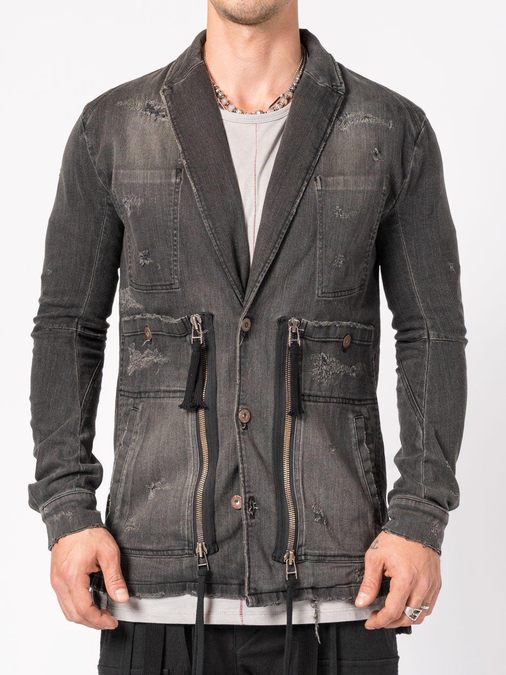 Distressed Denim Blazer with Zippers and Patch Pockets - by D.HYGEN