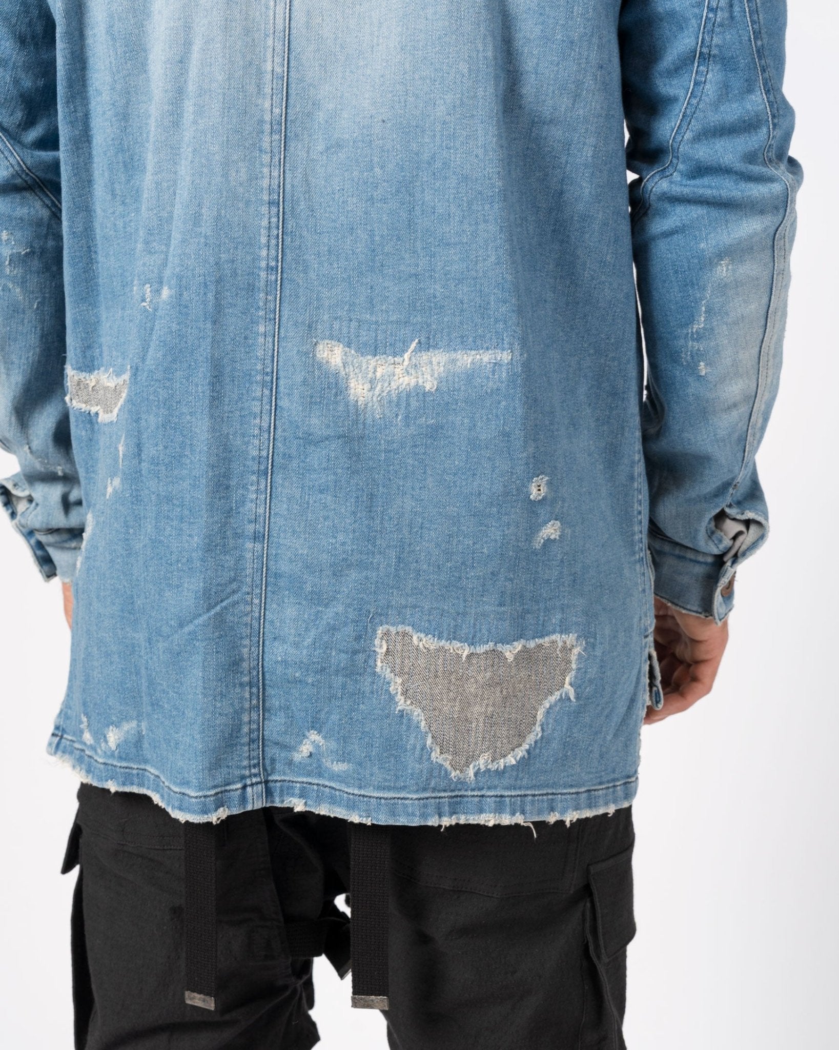 Distressed Denim Blazer with Zippers and Patch Pockets - by D.HYGEN