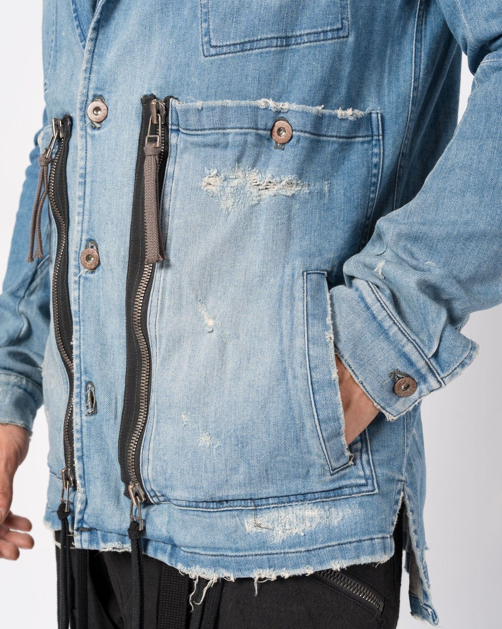 Distressed Denim Blazer with Zippers and Patch Pockets - by D.HYGEN