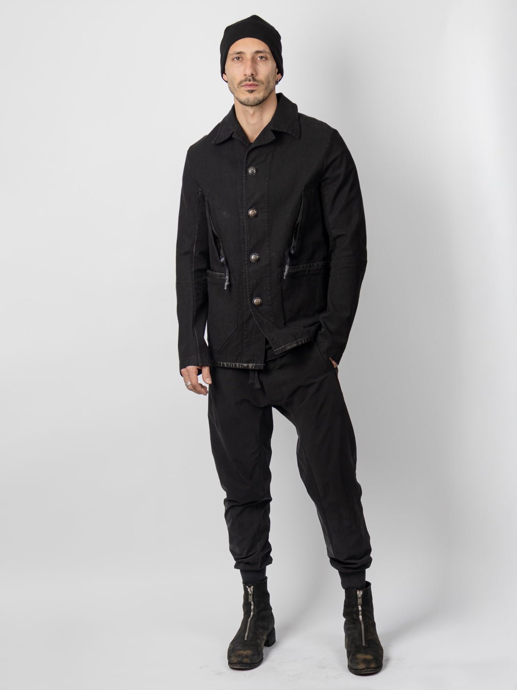 Garment-Washed Cotton Jacket with Leather Spine