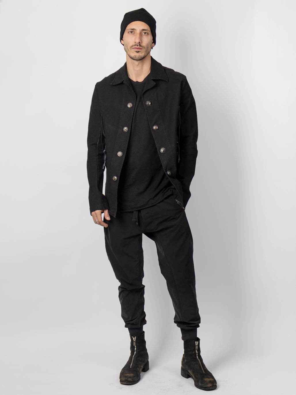 Garment-Washed Cotton Jacket with Leather Spine