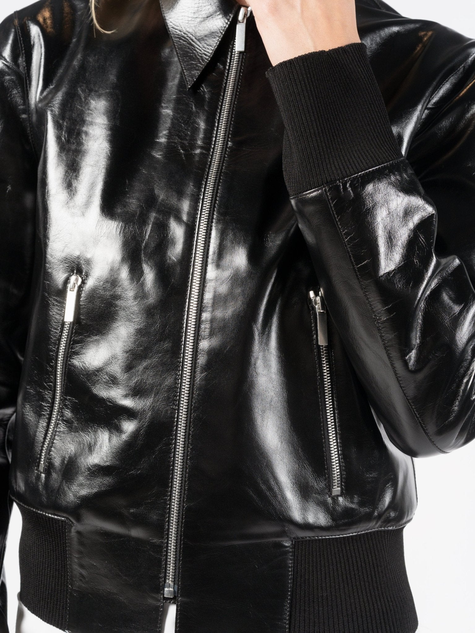 Glossed Leather Zip Jacket - by SAPIO