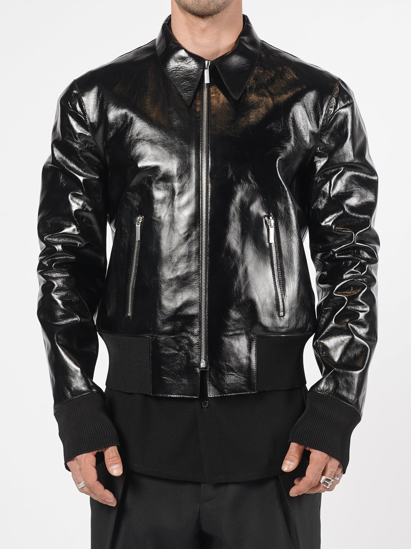 Glossed Leather Zip Jacket - by SAPIO