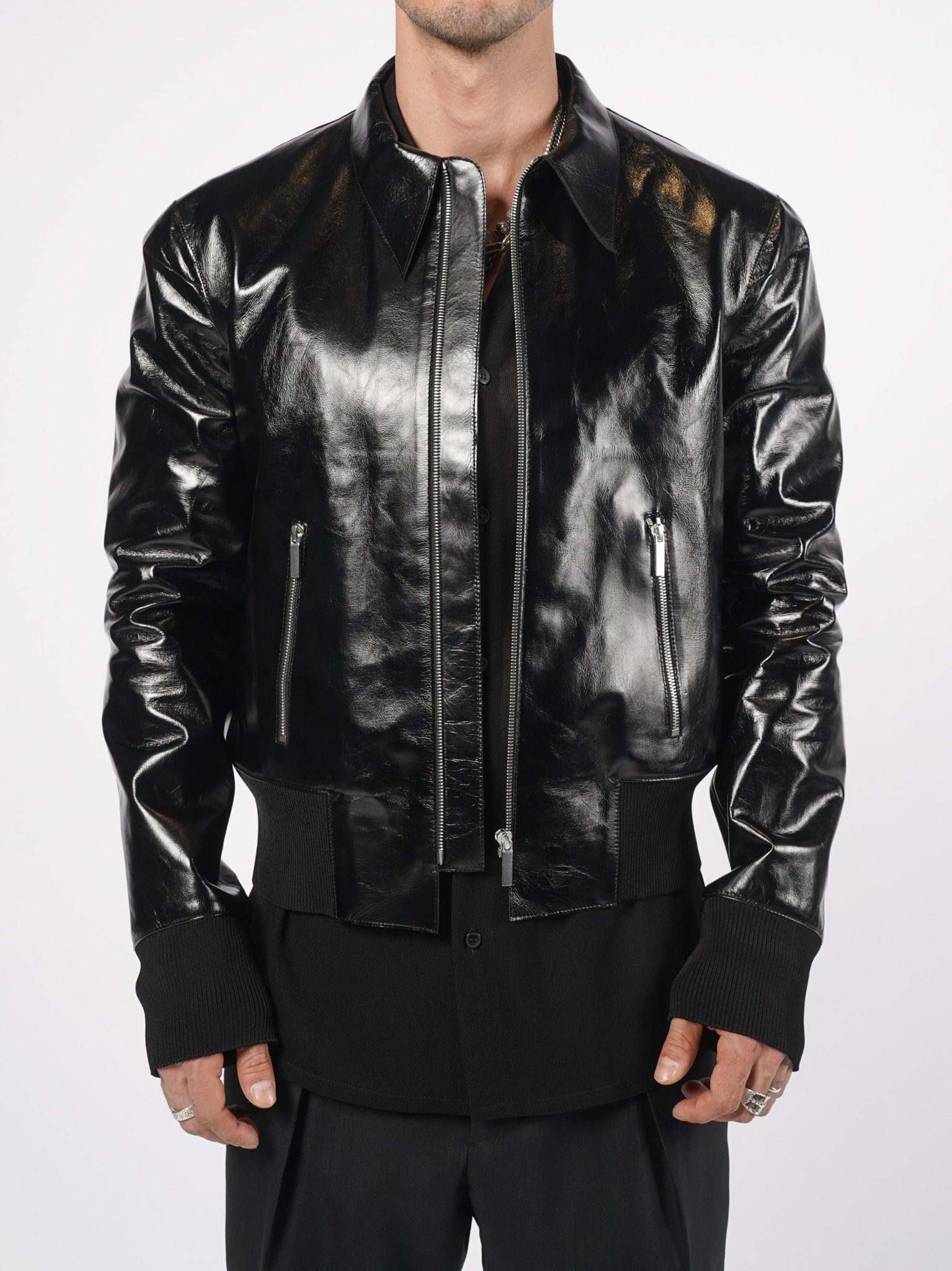 Glossed Leather Zip Jacket - by SAPIO